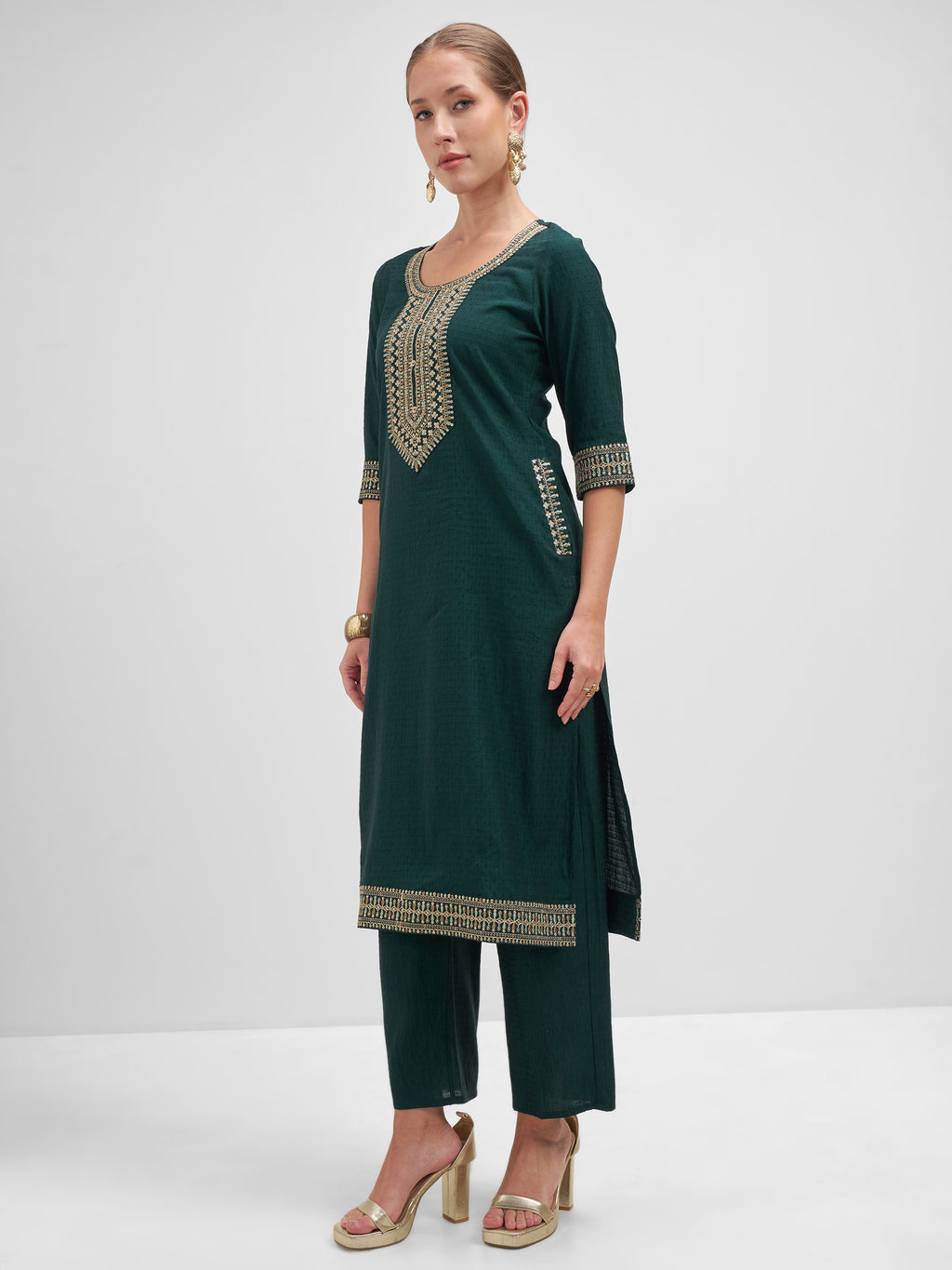 Vishudh Women Teal Embroidered Kurta And Trouser With Dupatta - Teal - Image 2