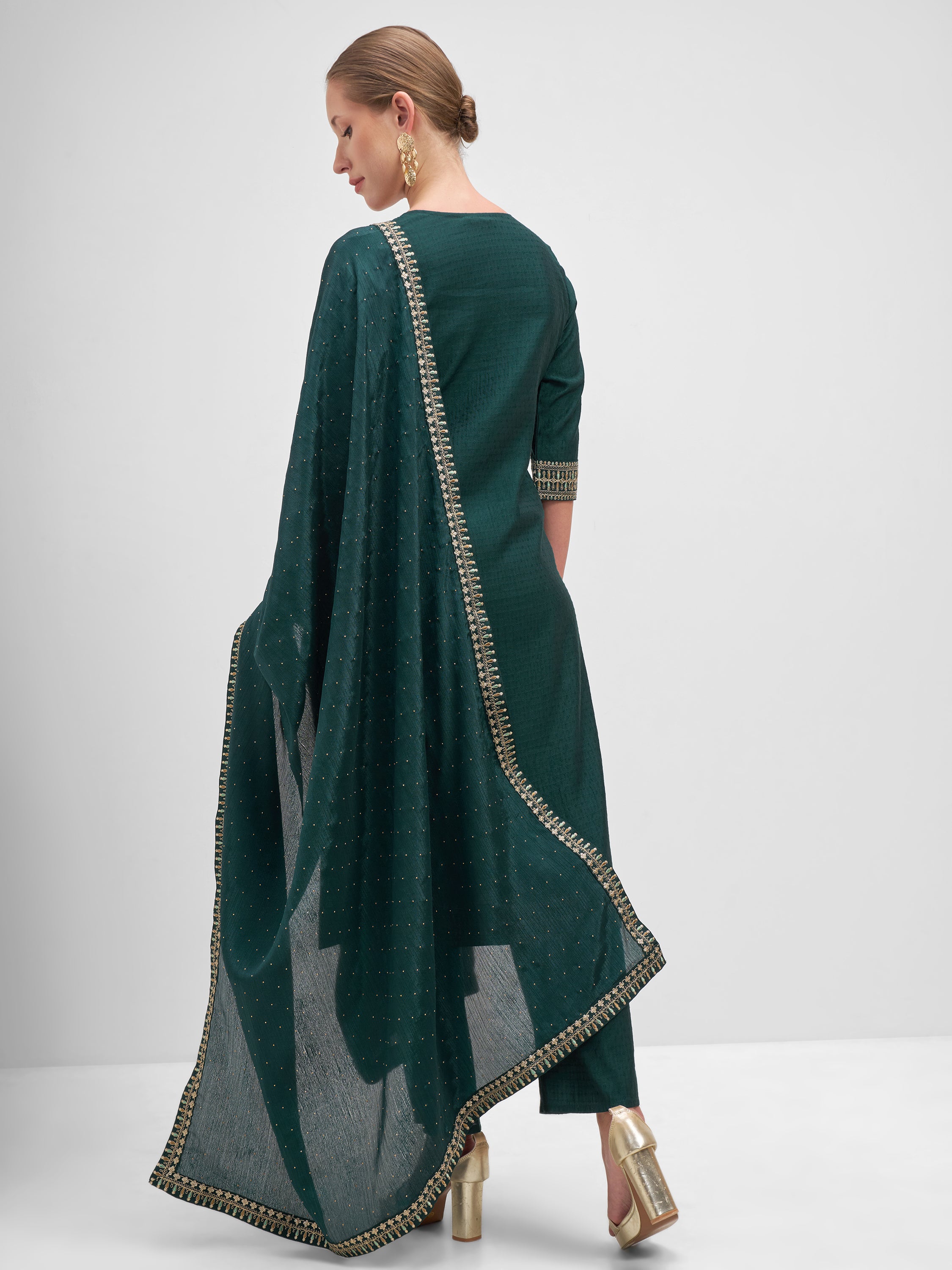 Vishudh Women Teal Embroidered Kurta And Trouser With Dupatta - Teal - Image 3