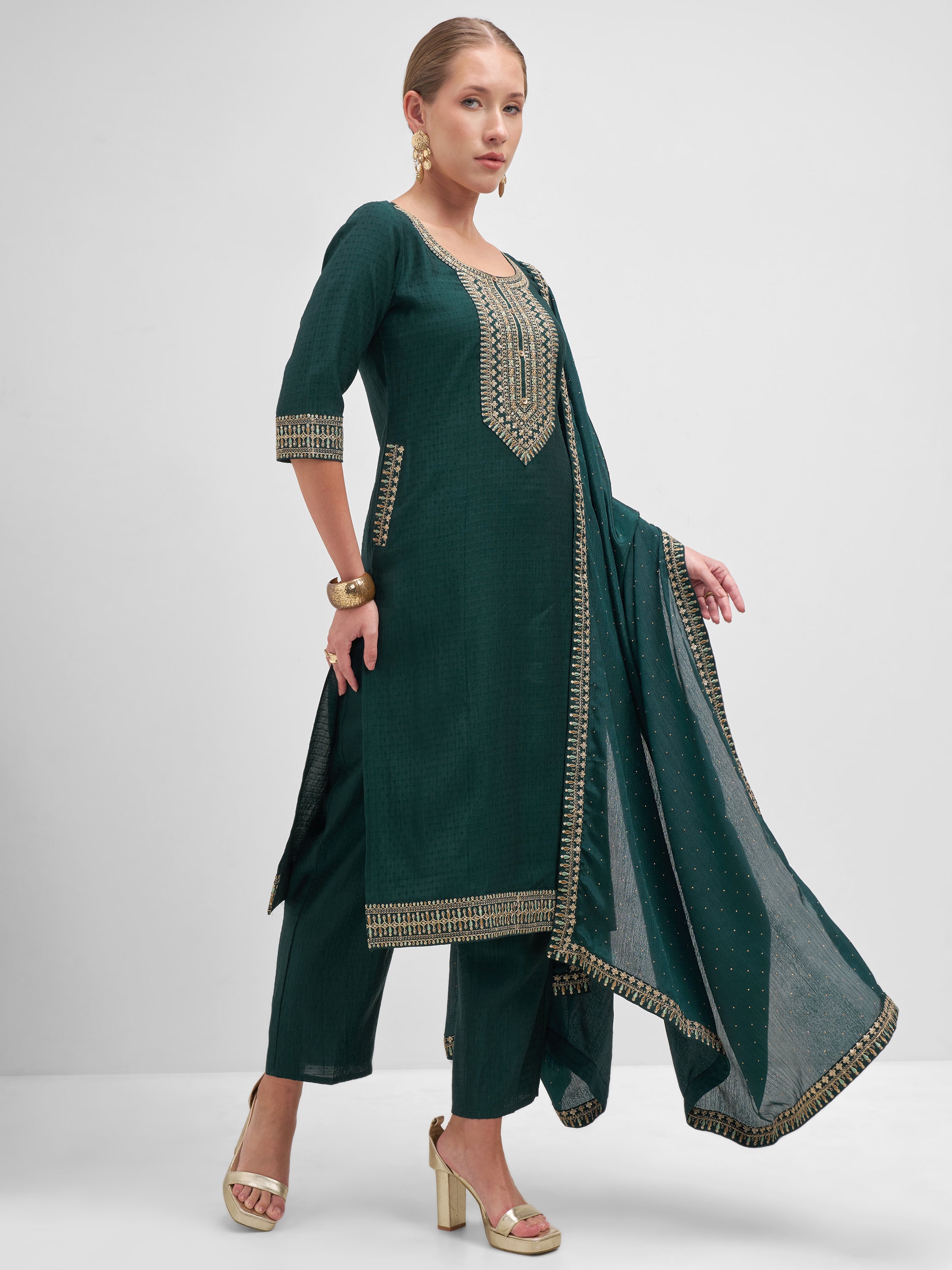 Vishudh Women Teal Embroidered Kurta And Trouser With Dupatta - Teal - Image 4