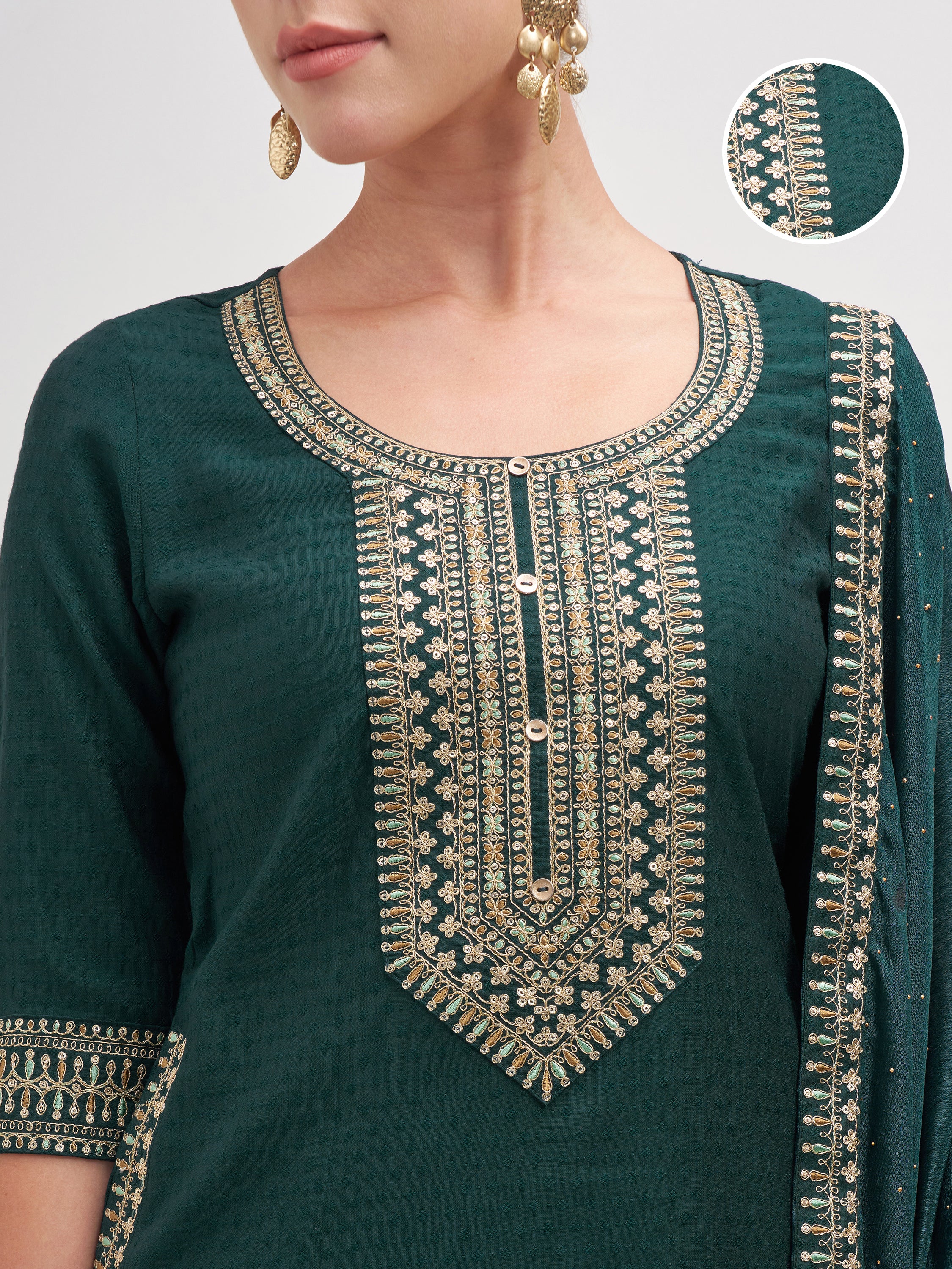 Vishudh Women Teal Embroidered Kurta And Trouser With Dupatta - Teal - Image 5