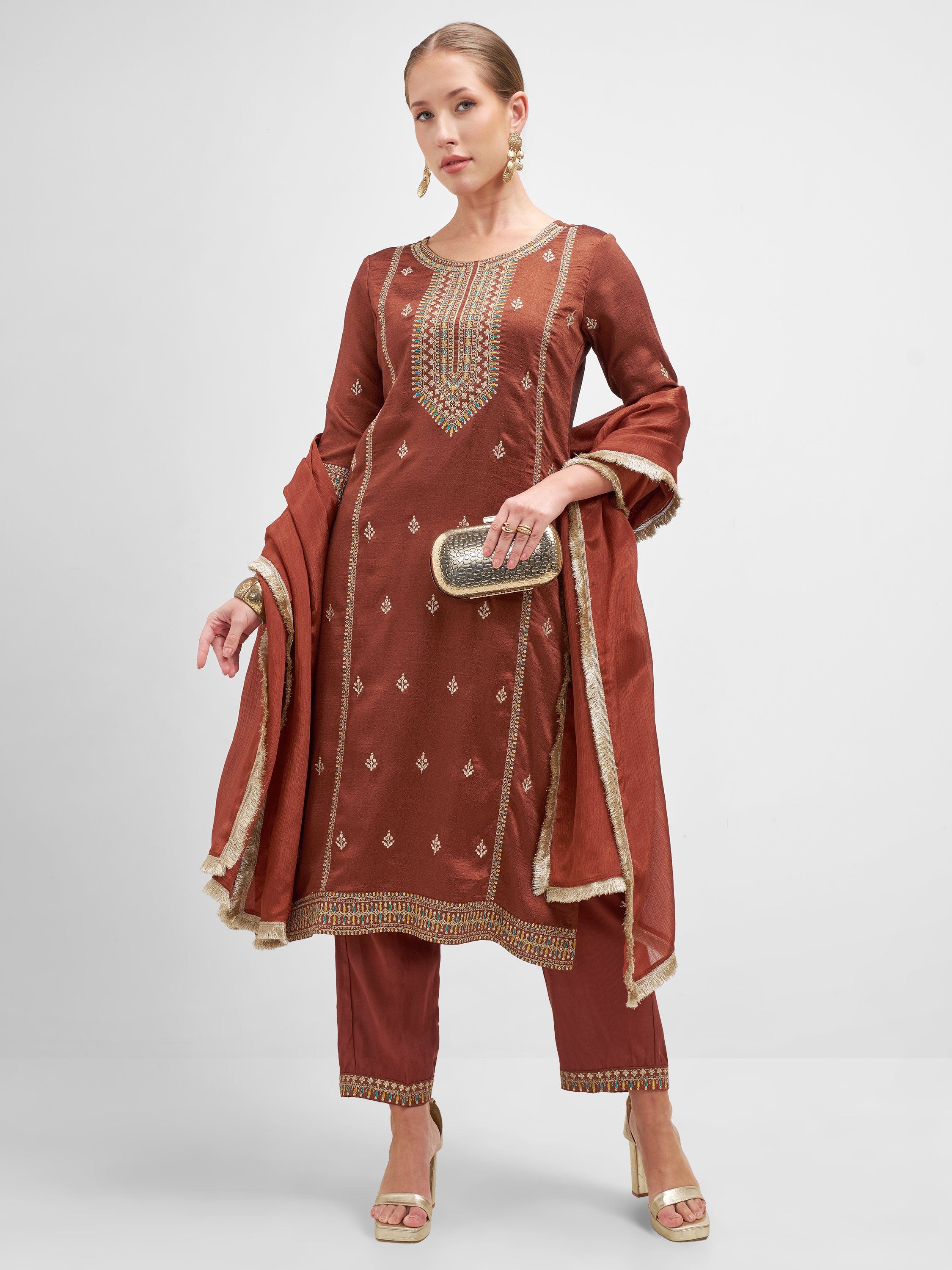Vishudh Women Rust Embroidered Kurta And Trouser With Dupatta - Rust - Image 1
