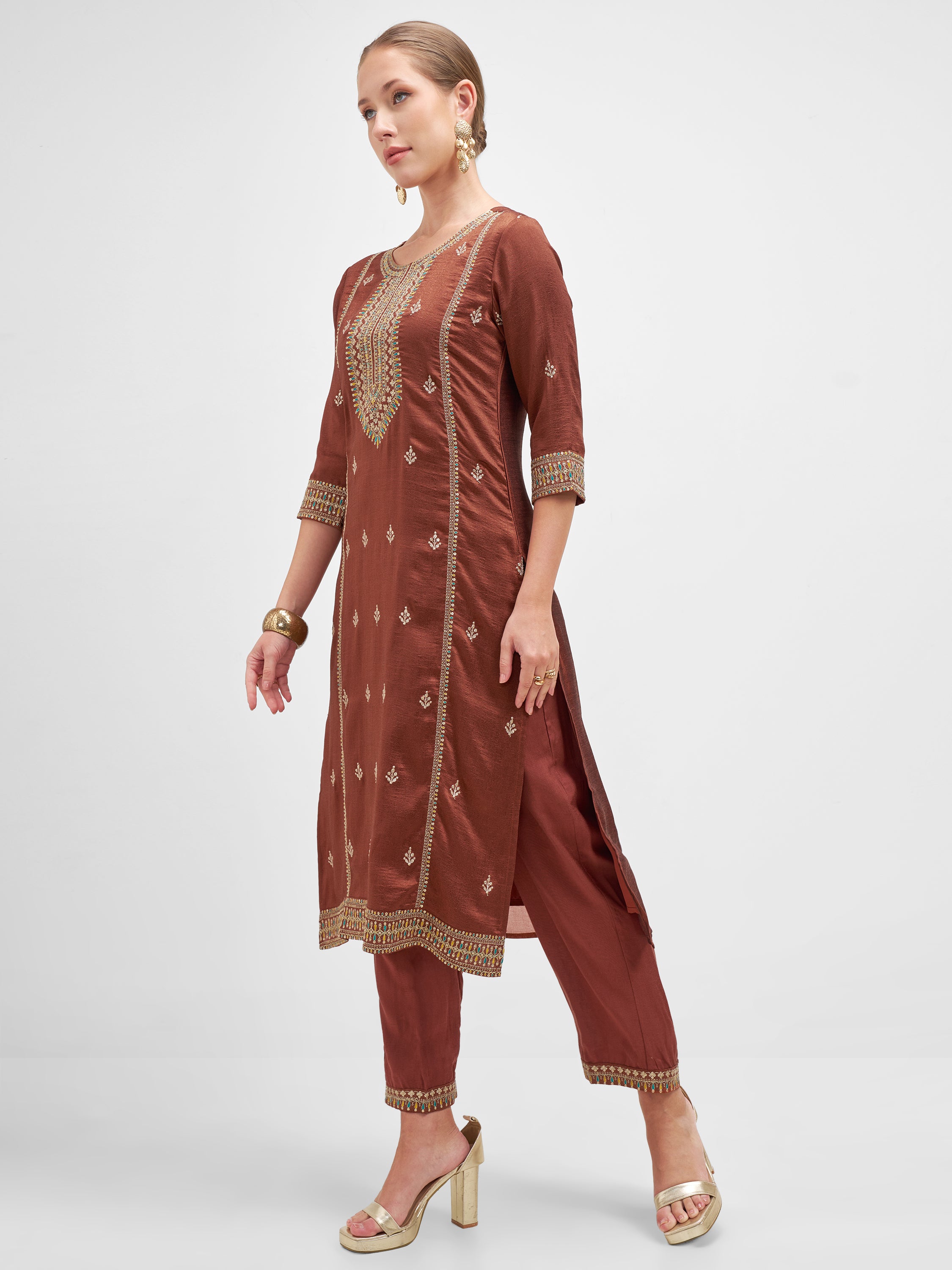 Vishudh Women Rust Embroidered Kurta And Trouser With Dupatta - Rust - Image 2