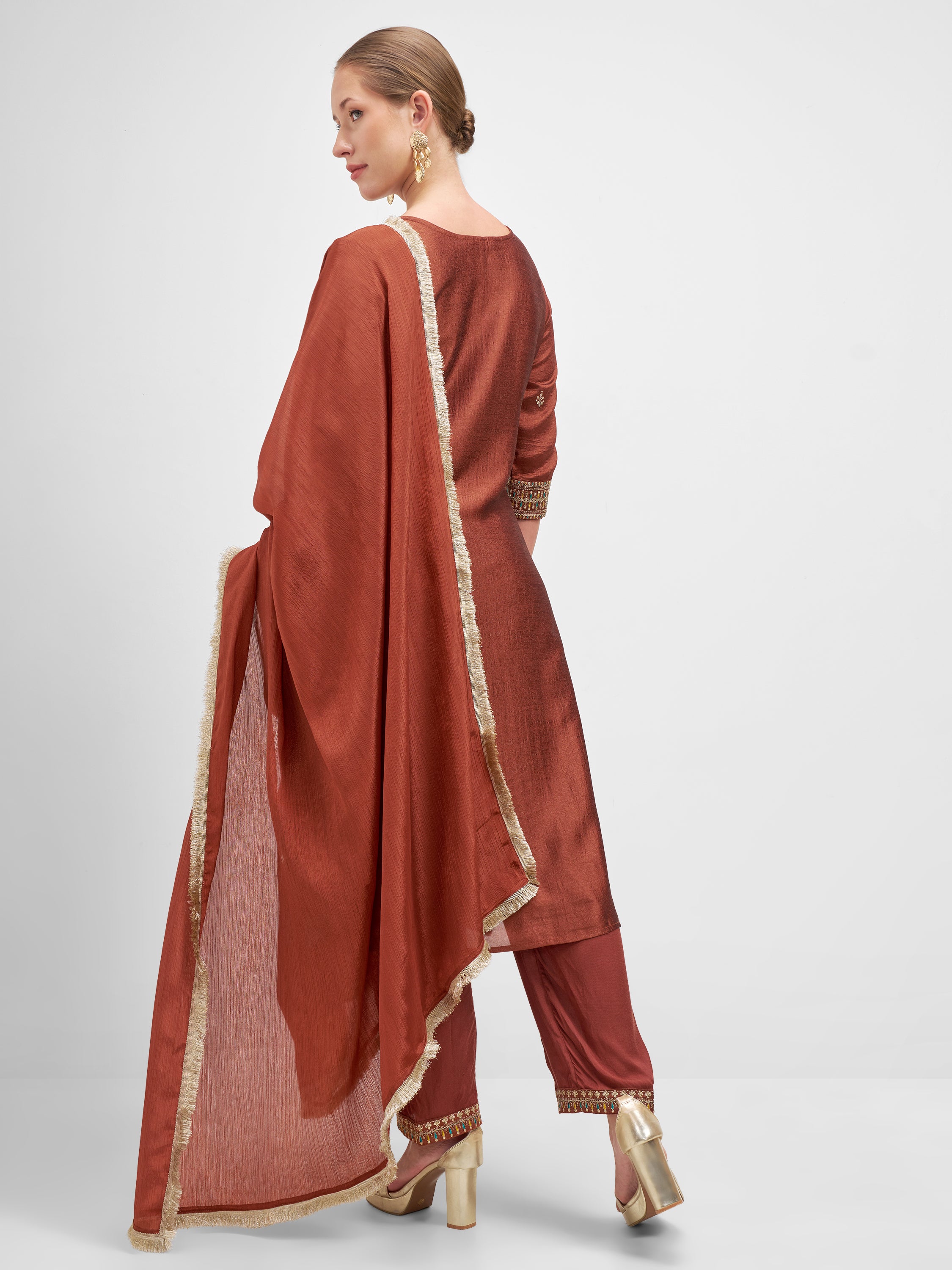 Vishudh Women Rust Embroidered Kurta And Trouser With Dupatta - Rust - Image 3