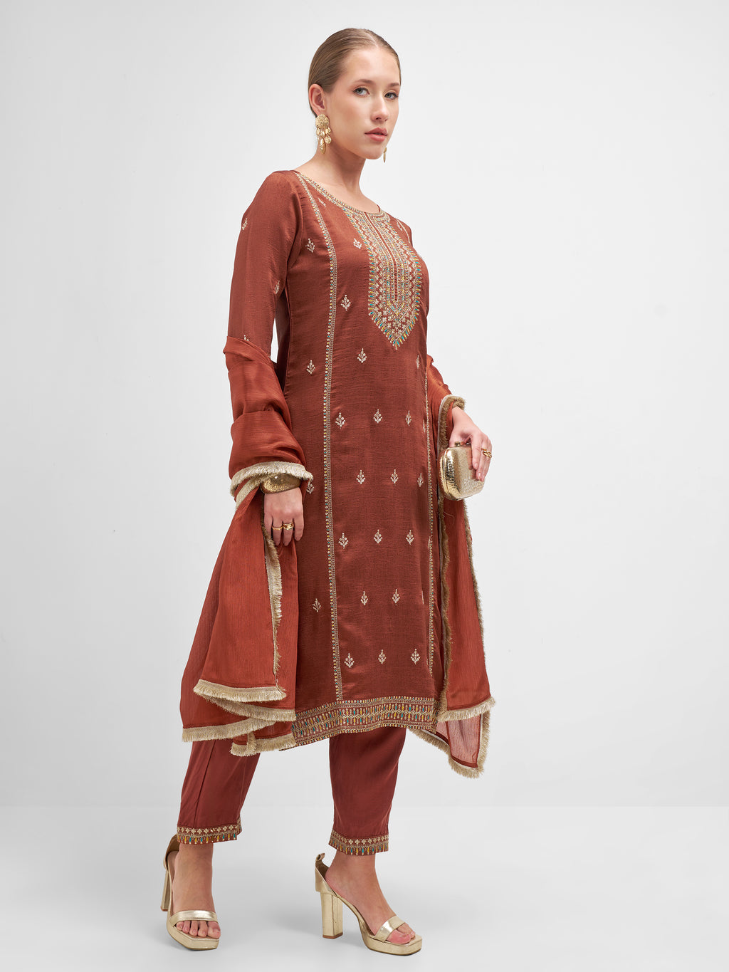 Vishudh Women Rust Embroidered Kurta And Trouser With Dupatta - Rust - Image 4