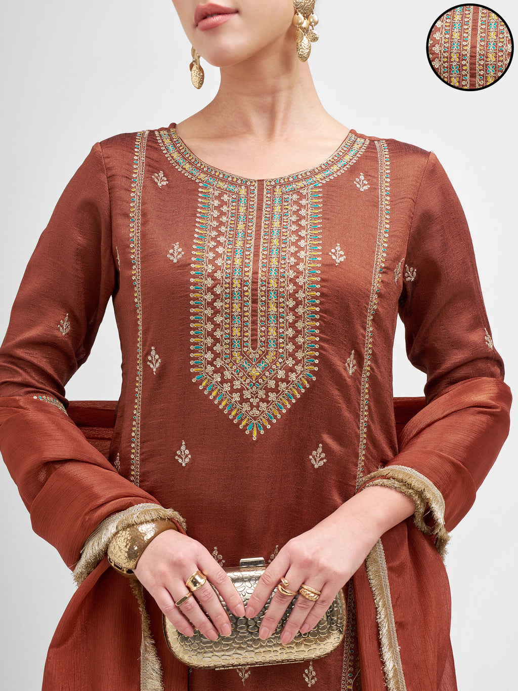 Vishudh Women Rust Embroidered Kurta And Trouser With Dupatta - Rust - Image 5