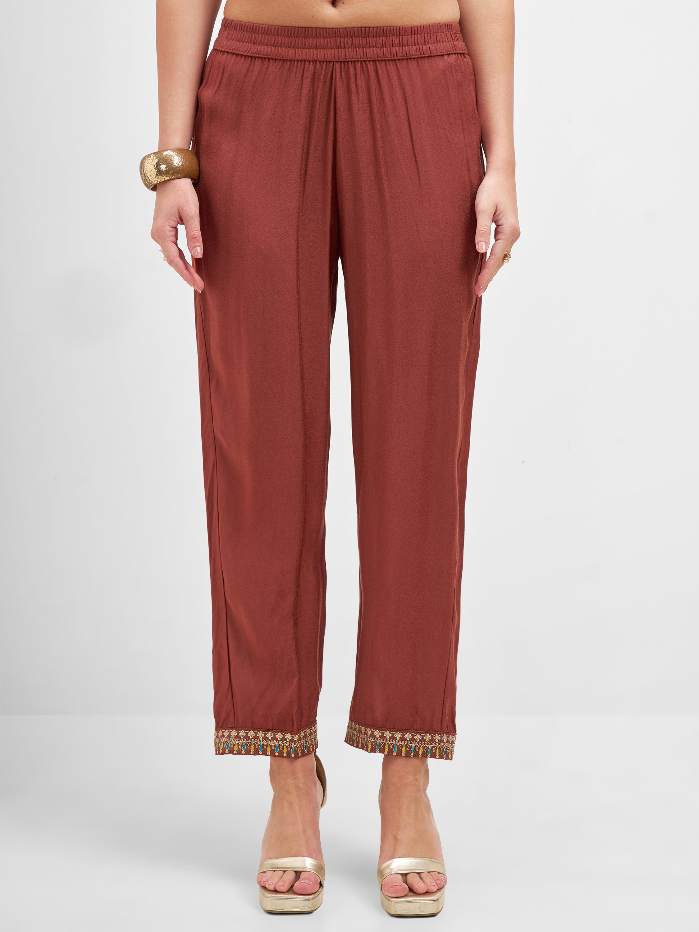 Vishudh Women Rust Embroidered Kurta And Trouser With Dupatta - Rust - Image 7