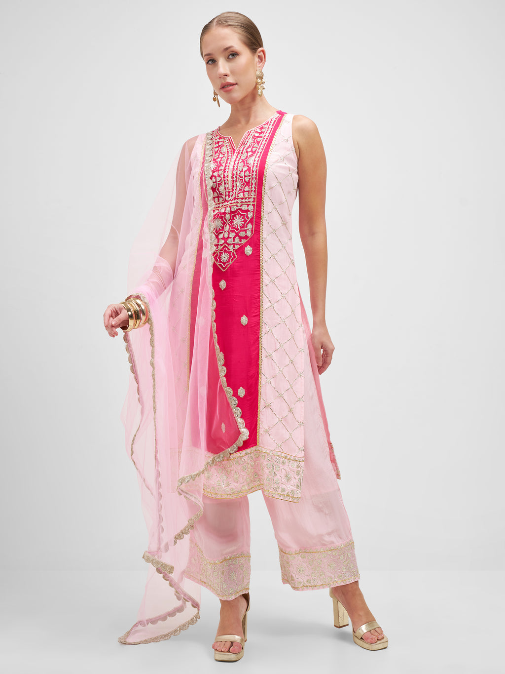 Vishudh Women Pink Embroidered Kurta And Palazzo With Dupatta - Pink - Image 1