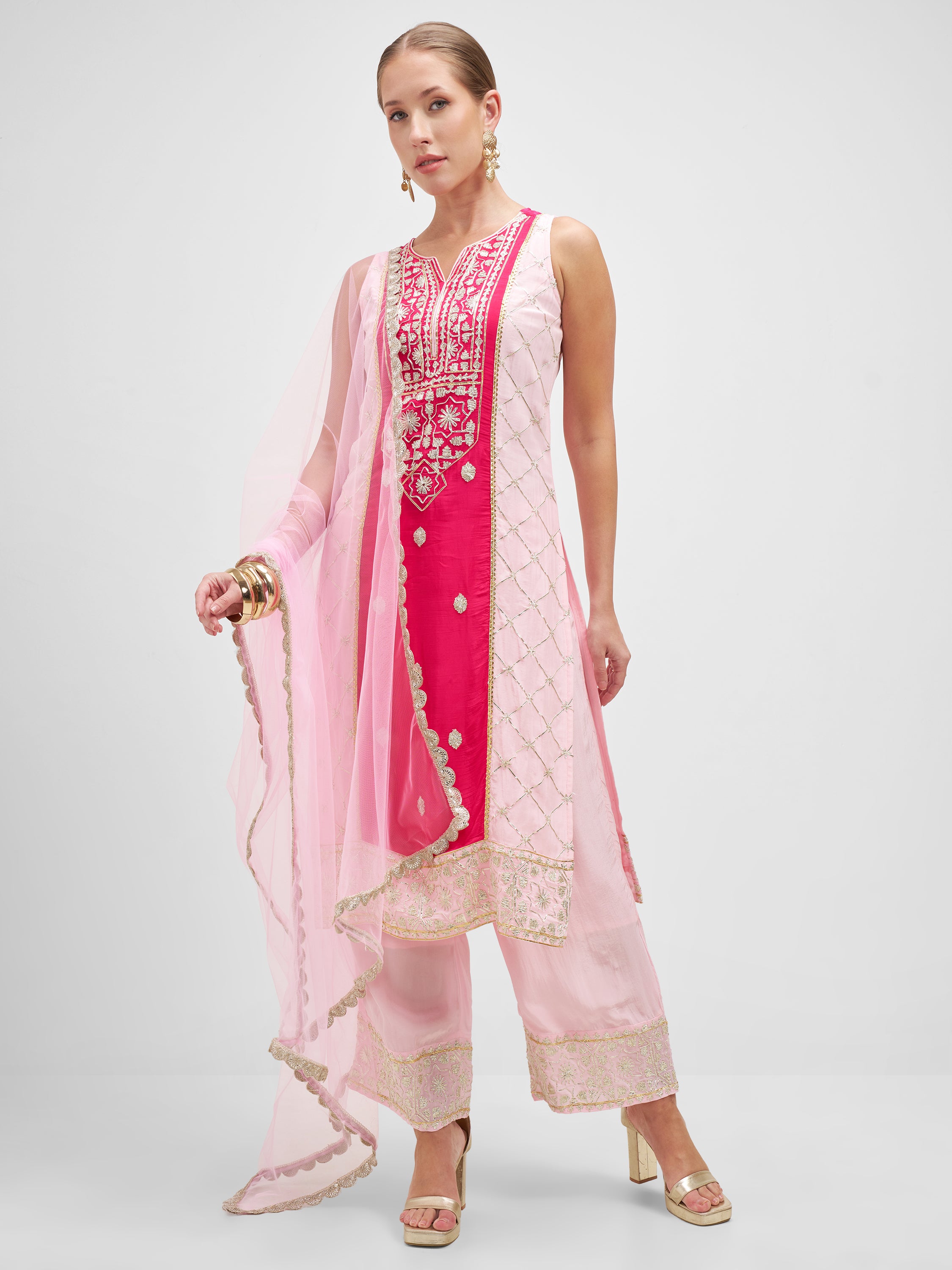 Vishudh Women Pink Embroidered Kurta And Palazzo With Dupatta - Pink - Image 1