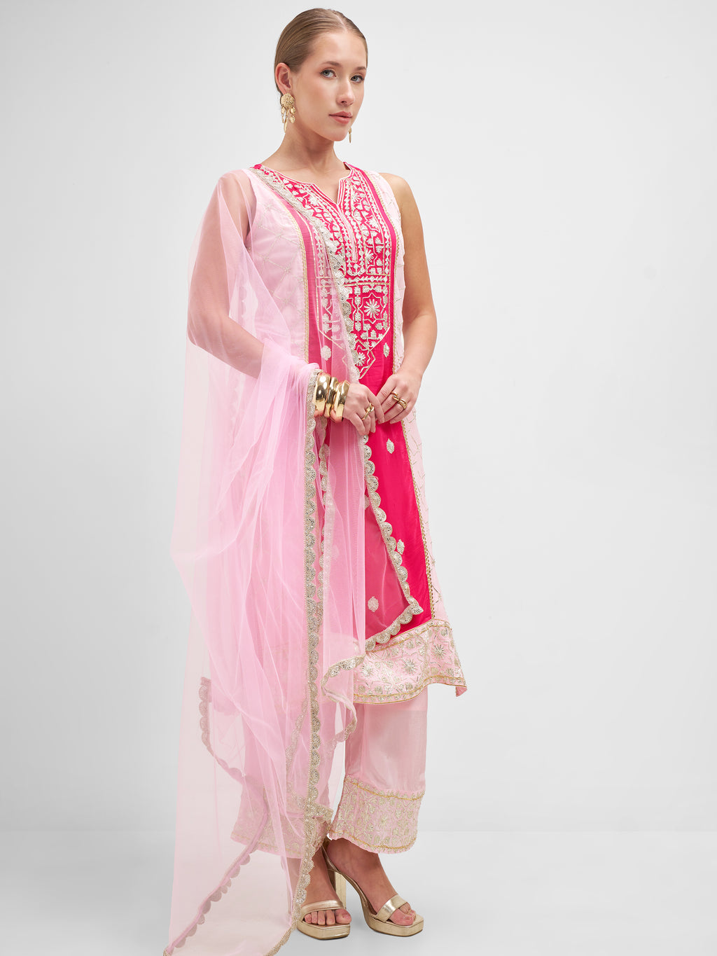 Vishudh Women Pink Embroidered Kurta And Palazzo With Dupatta - Pink - Image 2