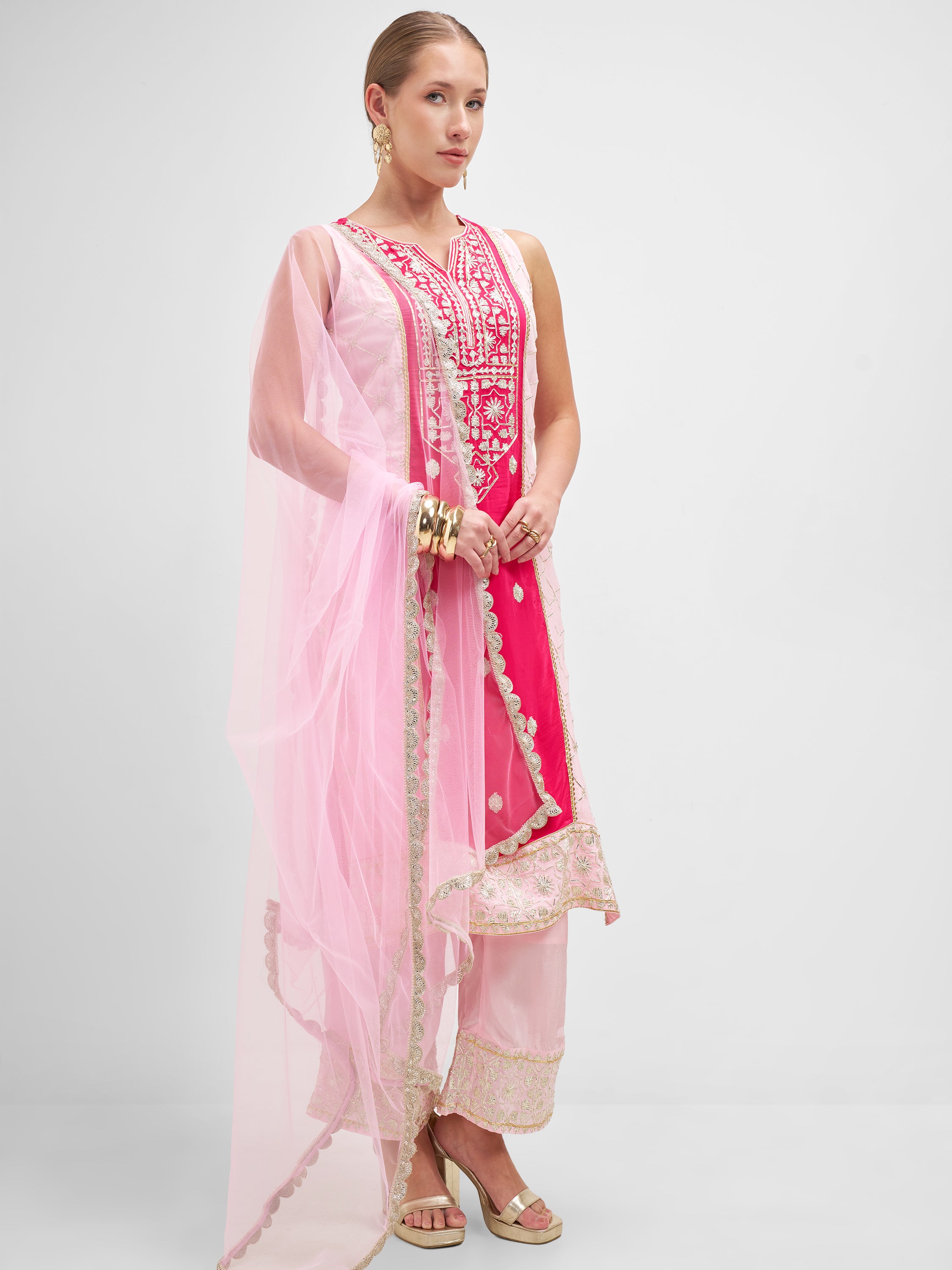 Vishudh Women Pink Embroidered Kurta And Palazzo With Dupatta - Pink - Image 2
