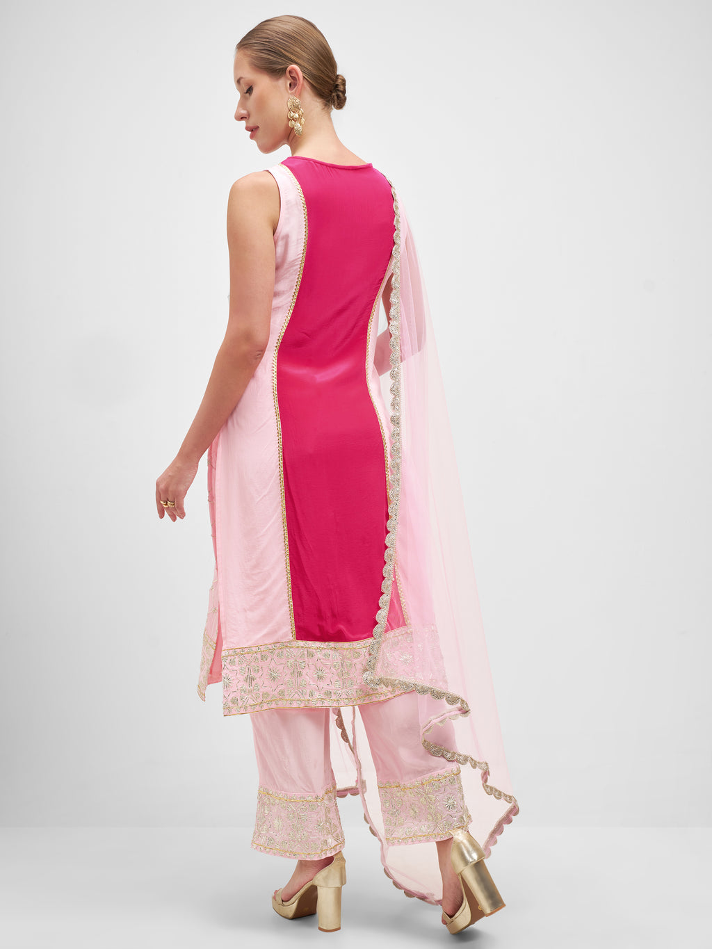 Vishudh Women Pink Embroidered Kurta And Palazzo With Dupatta - Pink - Image 3