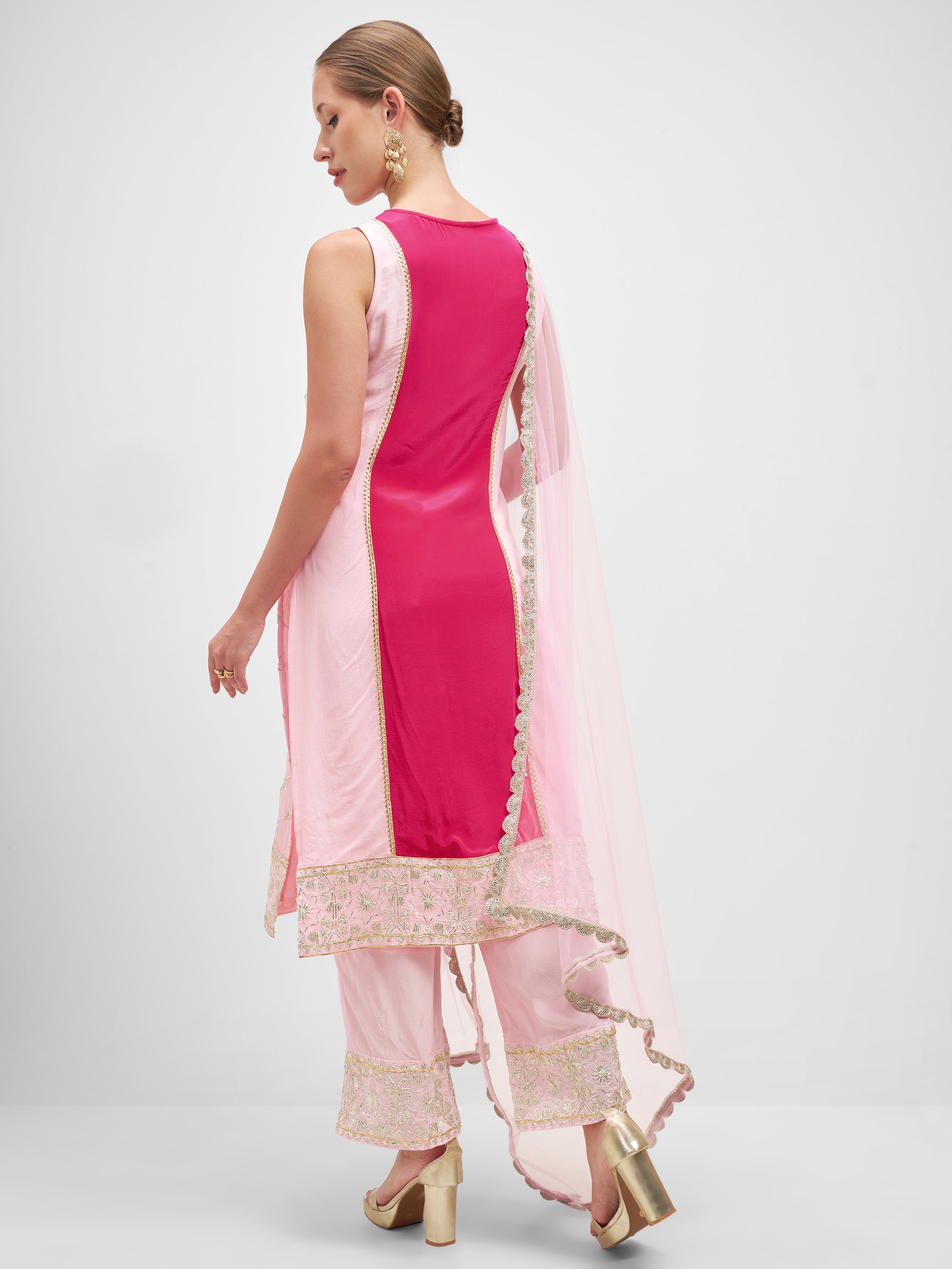 Vishudh Women Pink Embroidered Kurta And Palazzo With Dupatta - Pink - Image 3