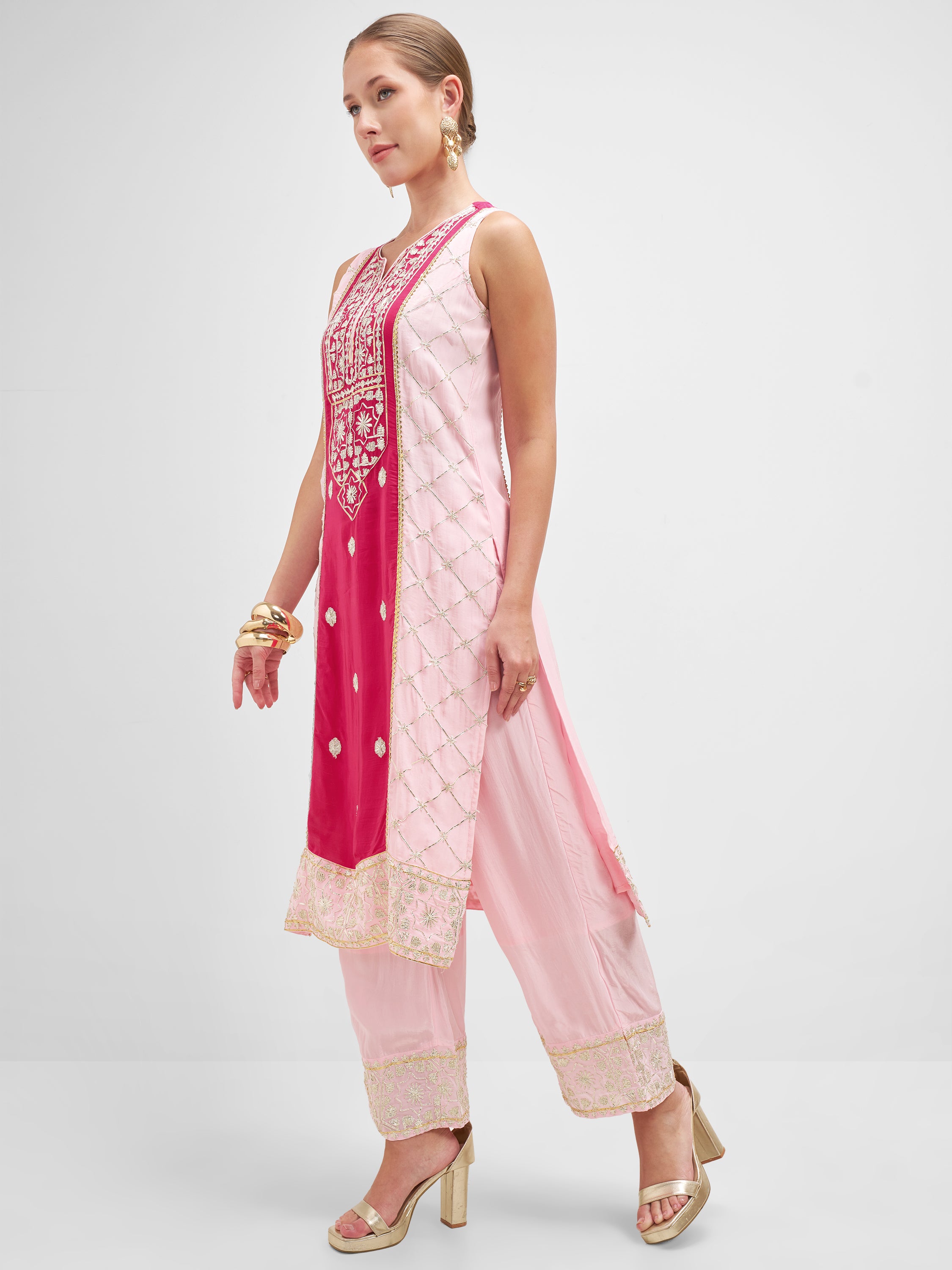 Vishudh Women Pink Embroidered Kurta And Palazzo With Dupatta - Pink - Image 4
