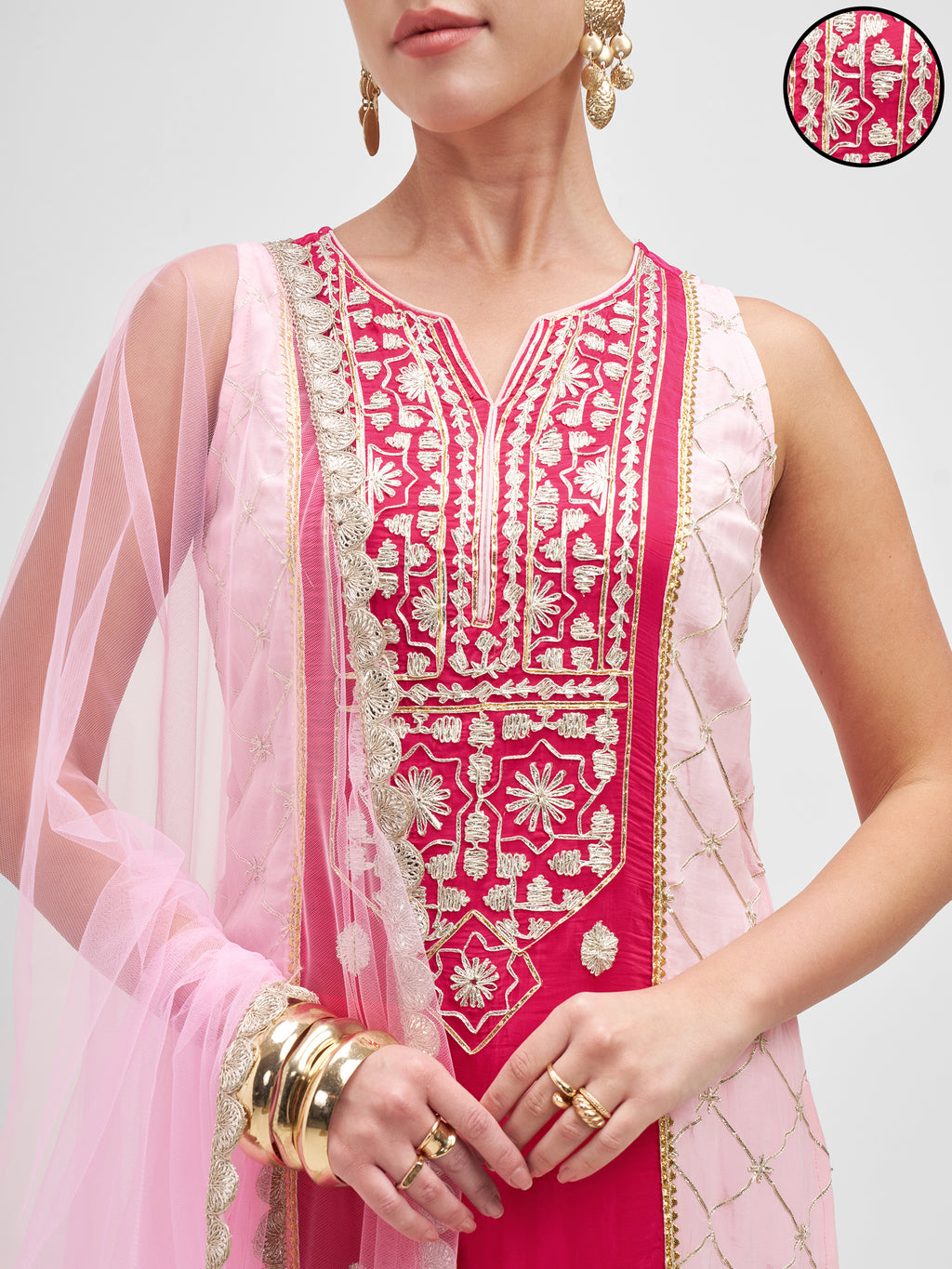 Vishudh Women Pink Embroidered Kurta And Palazzo With Dupatta - Pink - Image 5