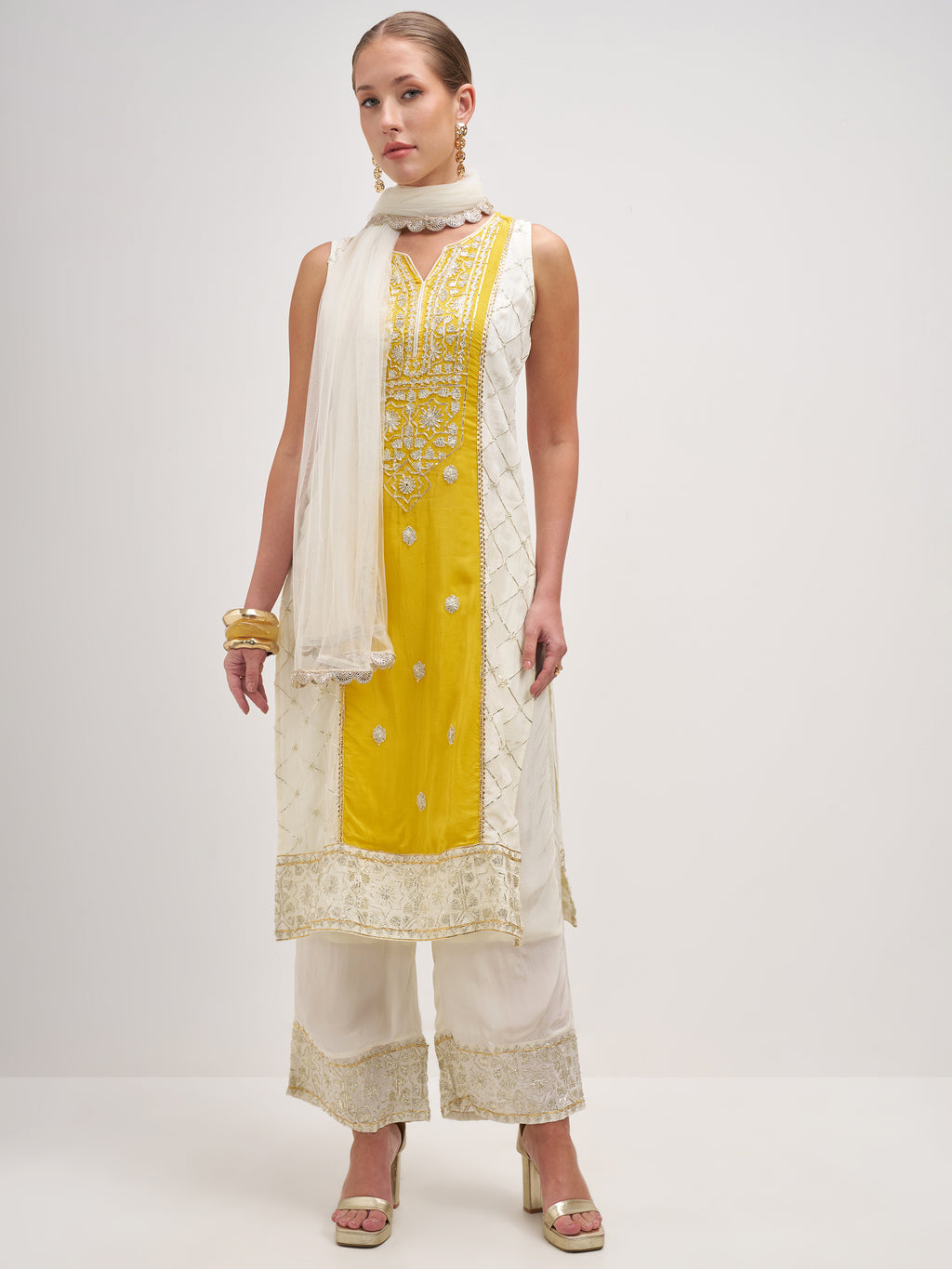 Vishudh Women Yellow Embroidered Kurta And Palazzo With Dupatta - Yellow - Image 1