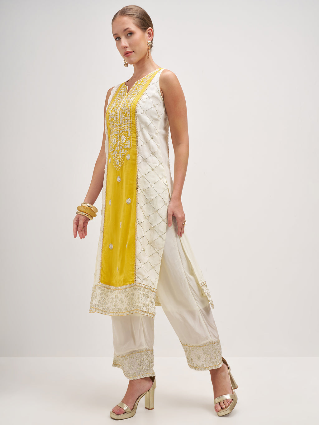 Vishudh Women Yellow Embroidered Kurta And Palazzo With Dupatta - Yellow - Image 2