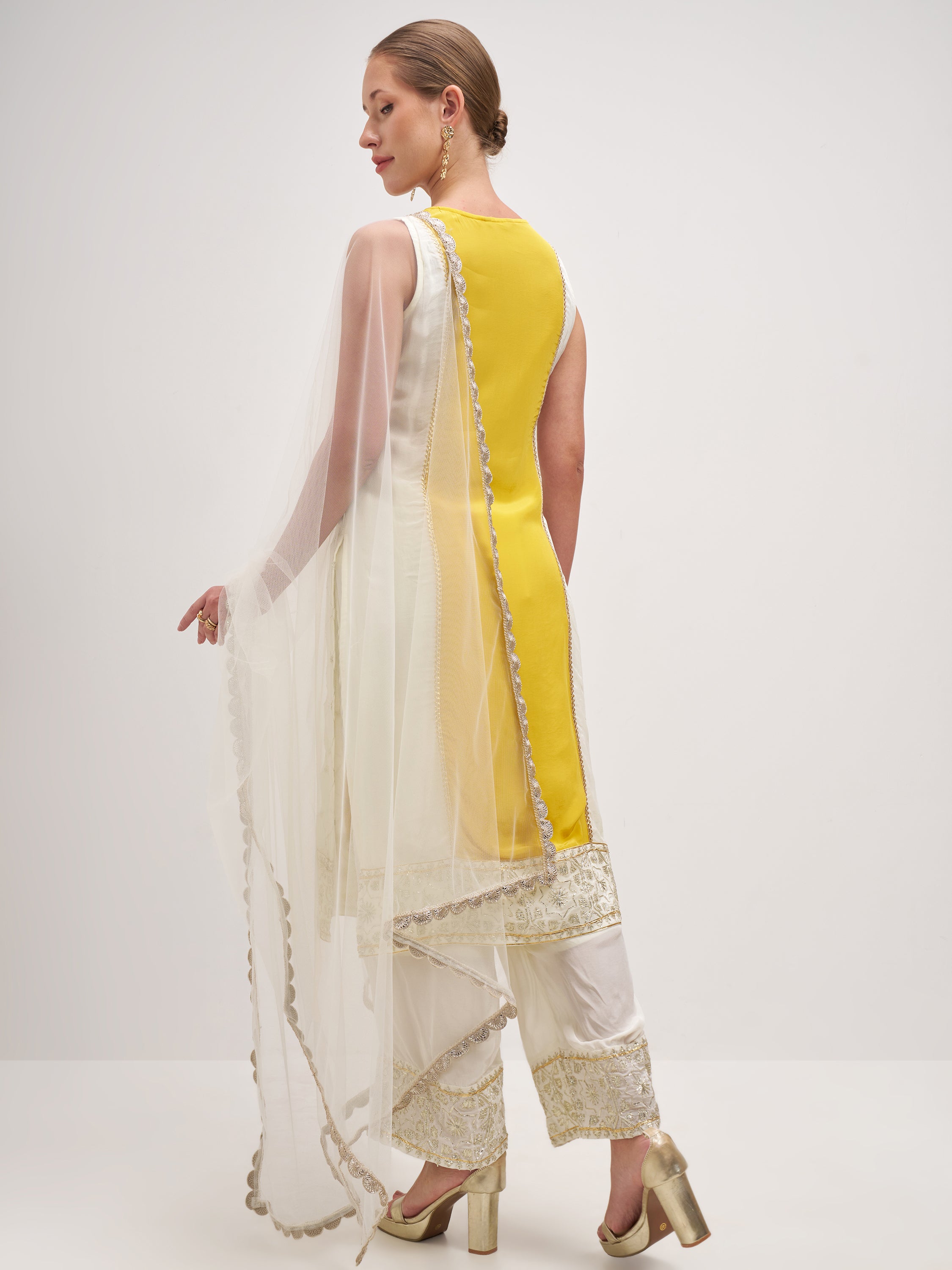 Vishudh Women Yellow Embroidered Kurta And Palazzo With Dupatta - Yellow - Image 3