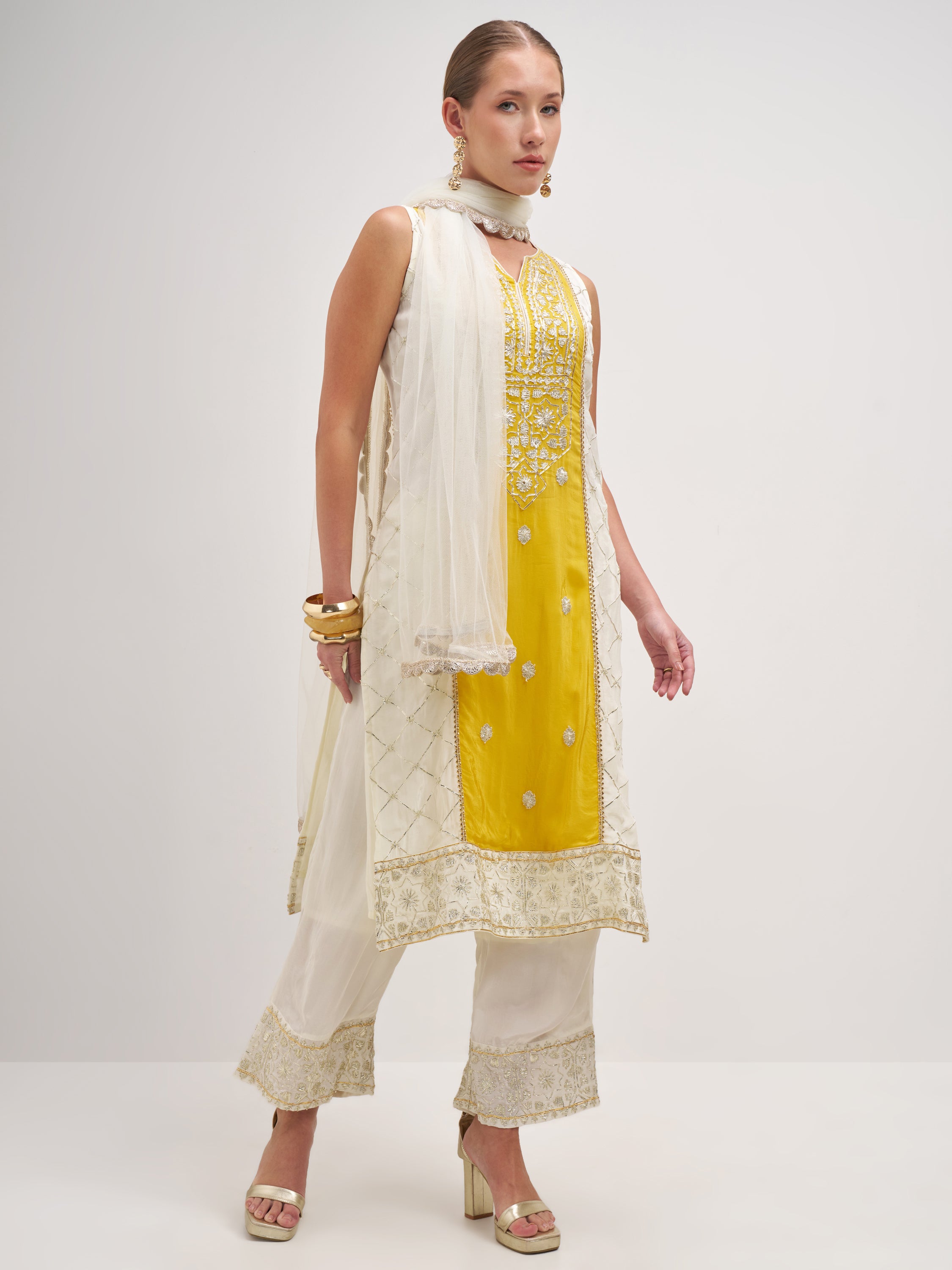 Vishudh Women Yellow Embroidered Kurta And Palazzo With Dupatta - Yellow - Image 4