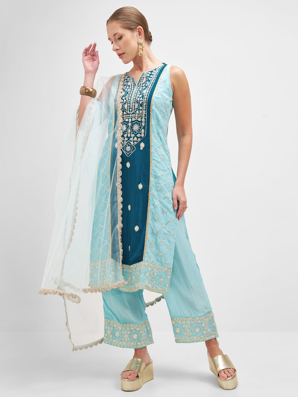 Vishudh Women Teal Embroidered Kurta And Palazzo With Dupatta - Teal - Image 1
