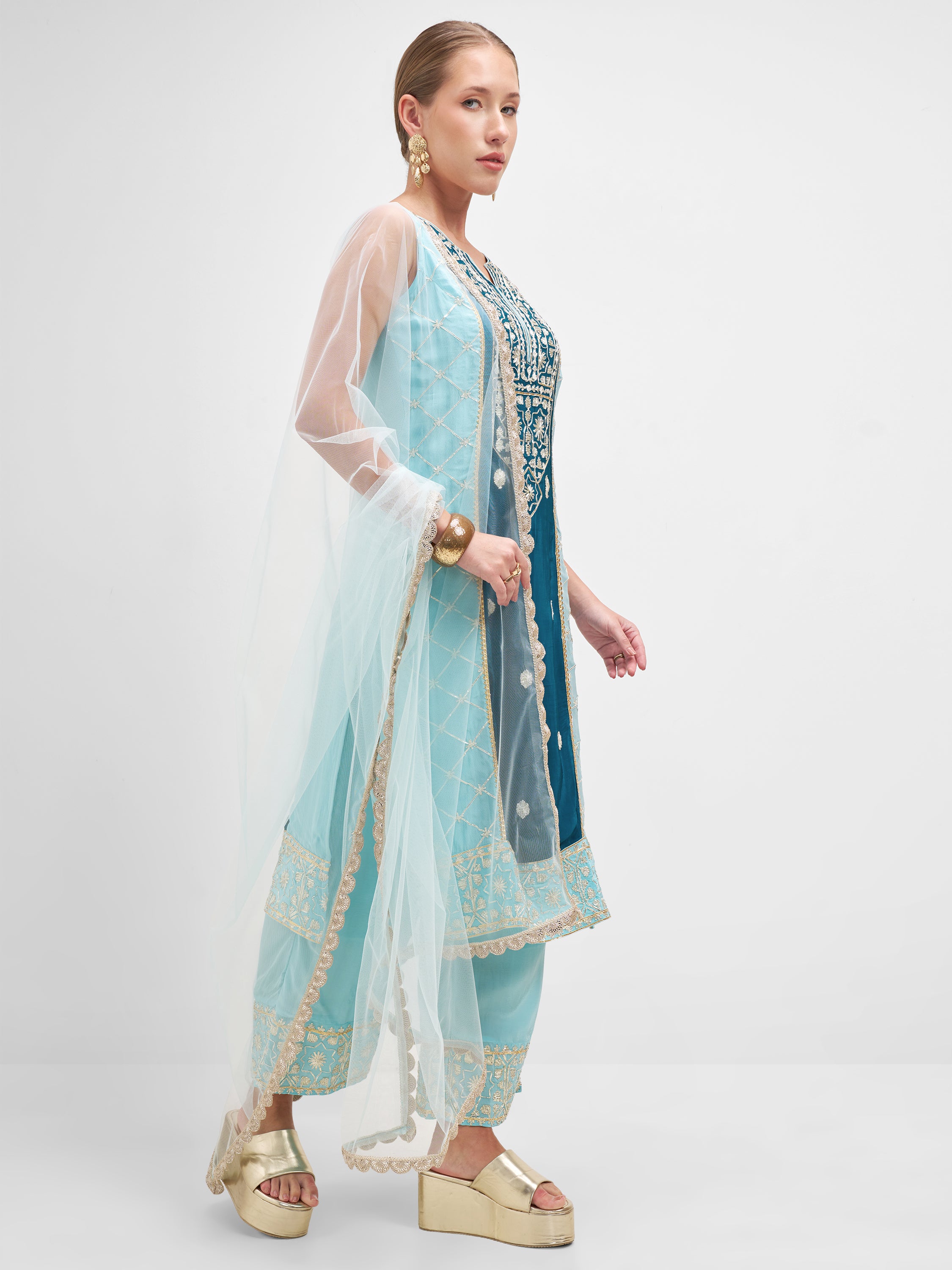 Vishudh Women Teal Embroidered Kurta And Palazzo With Dupatta - Teal - Image 2