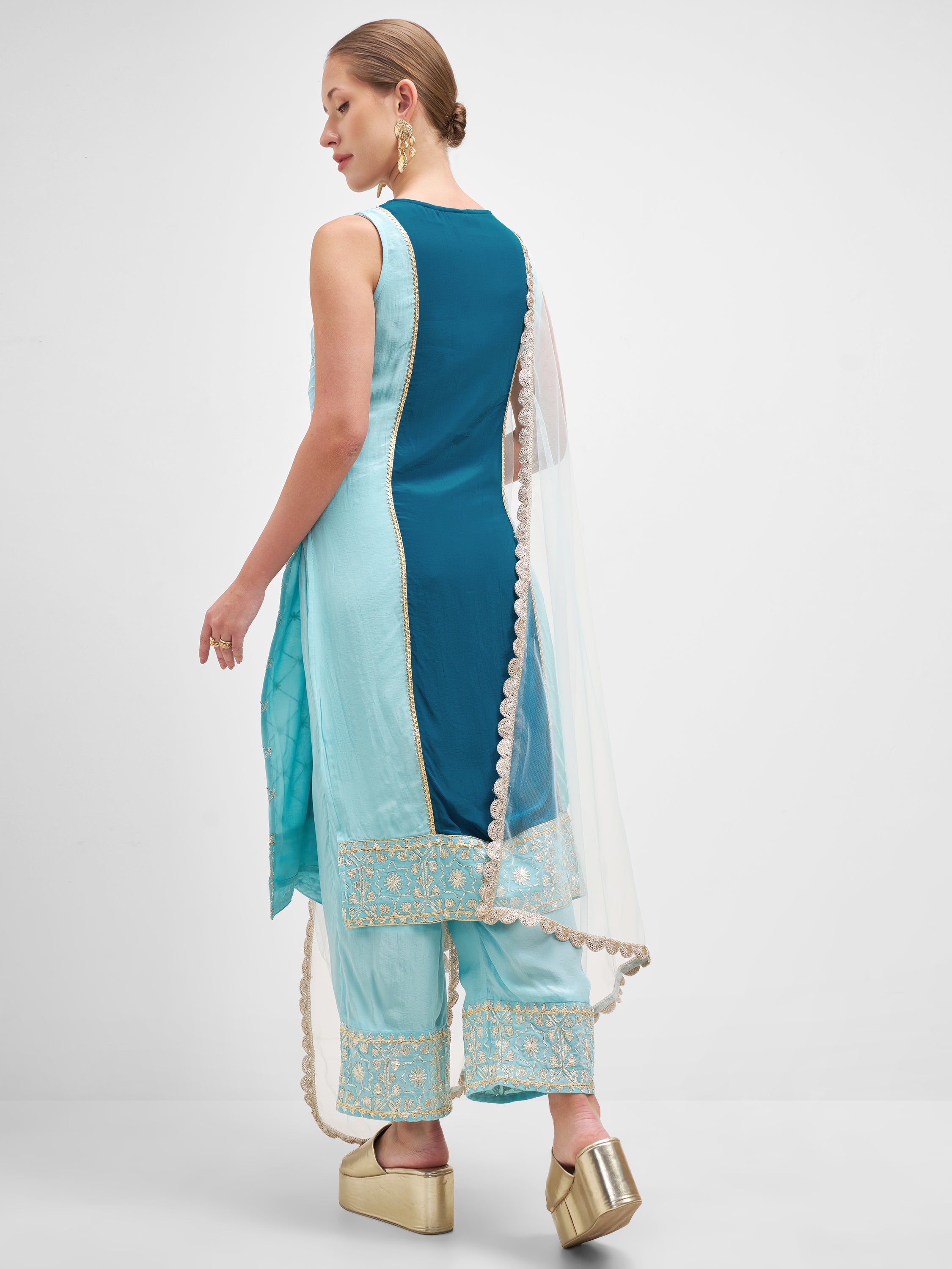 Vishudh Women Teal Embroidered Kurta And Palazzo With Dupatta - Teal - Image 3