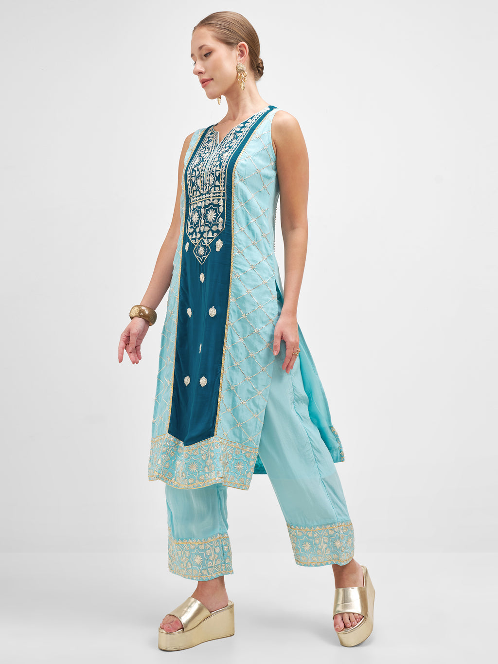 Vishudh Women Teal Embroidered Kurta And Palazzo With Dupatta - Teal - Image 4