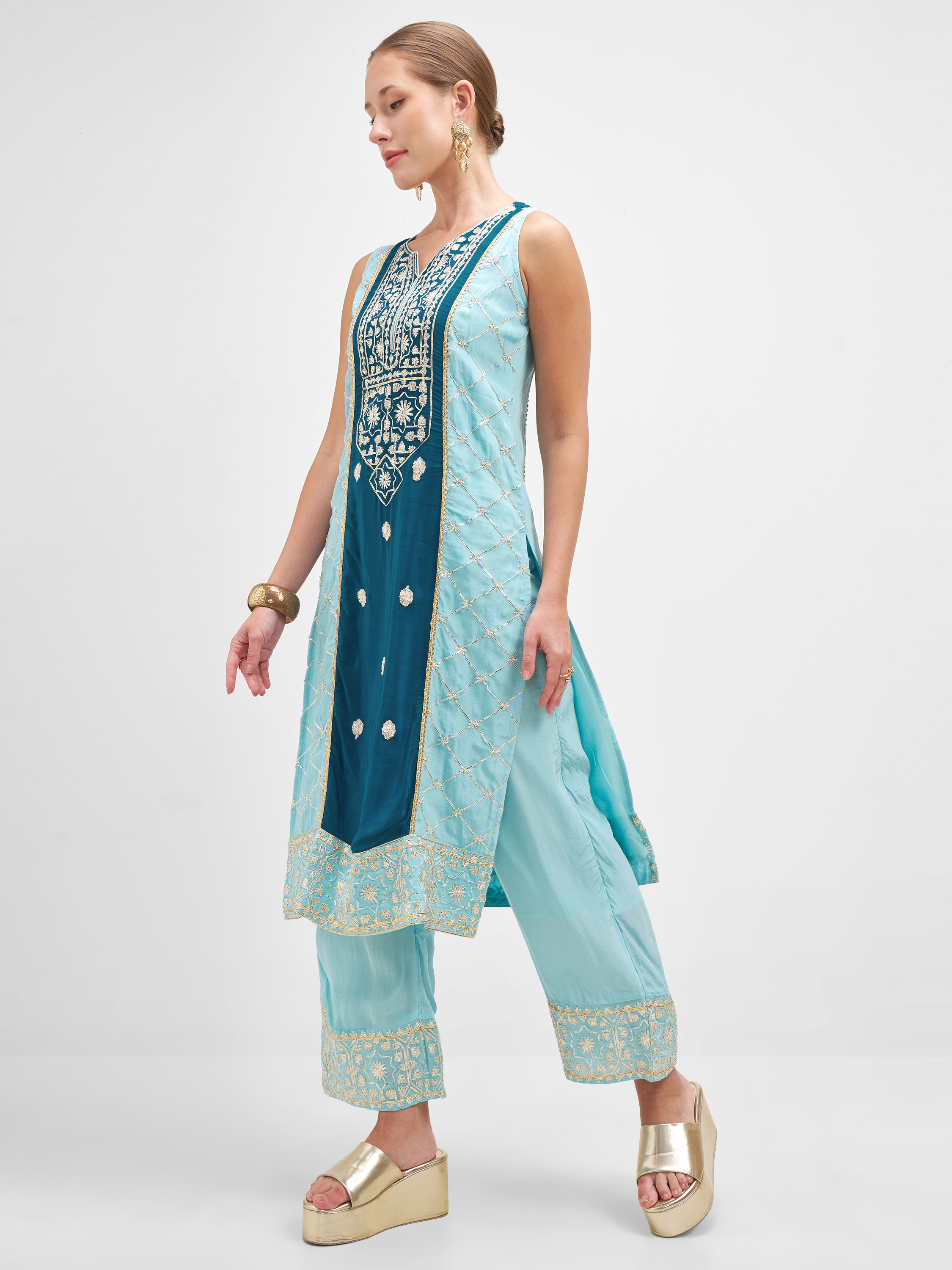 Vishudh Women Teal Embroidered Kurta And Palazzo With Dupatta - Teal - Image 4