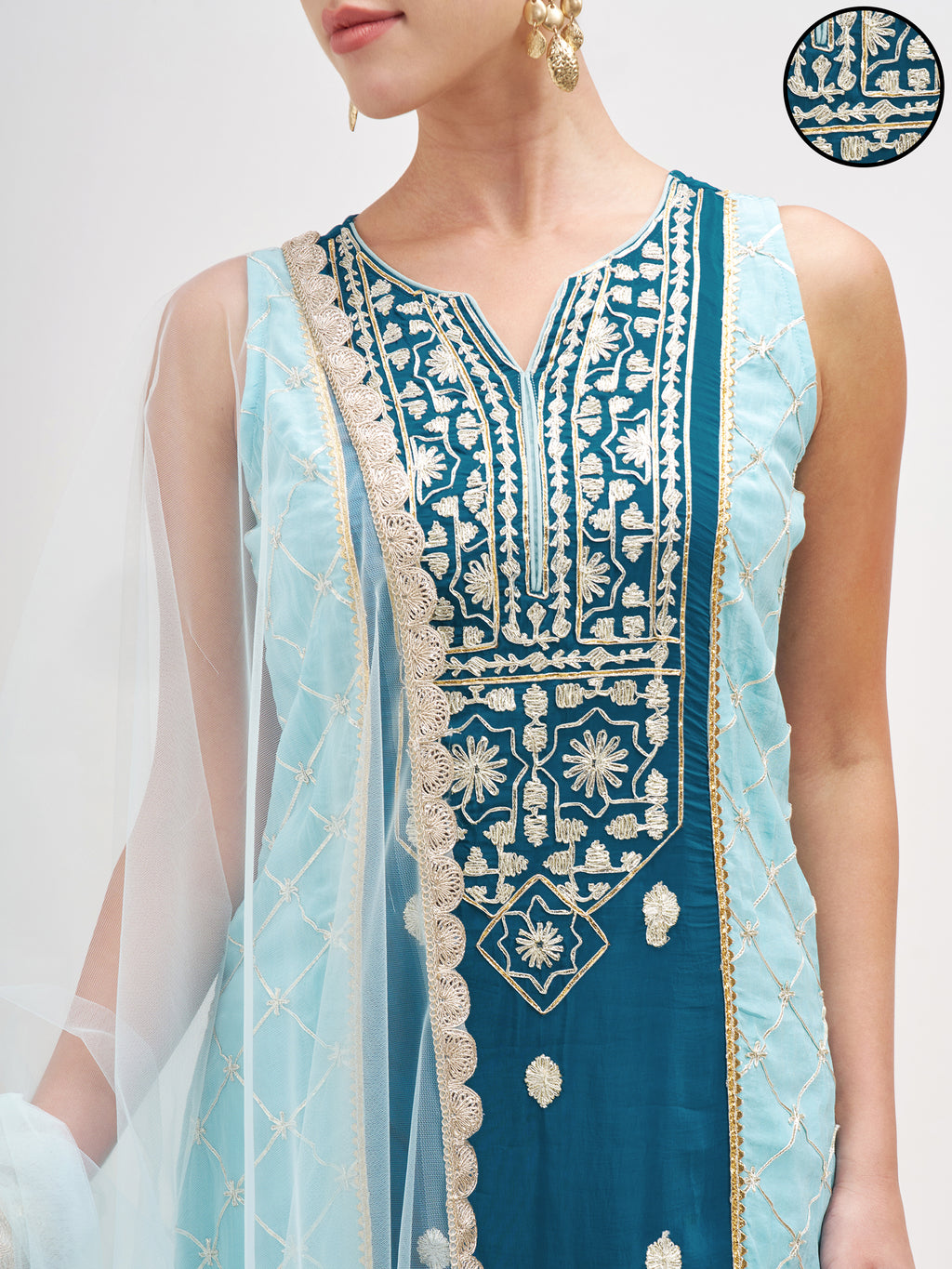 Vishudh Women Teal Embroidered Kurta And Palazzo With Dupatta - Teal - Image 5