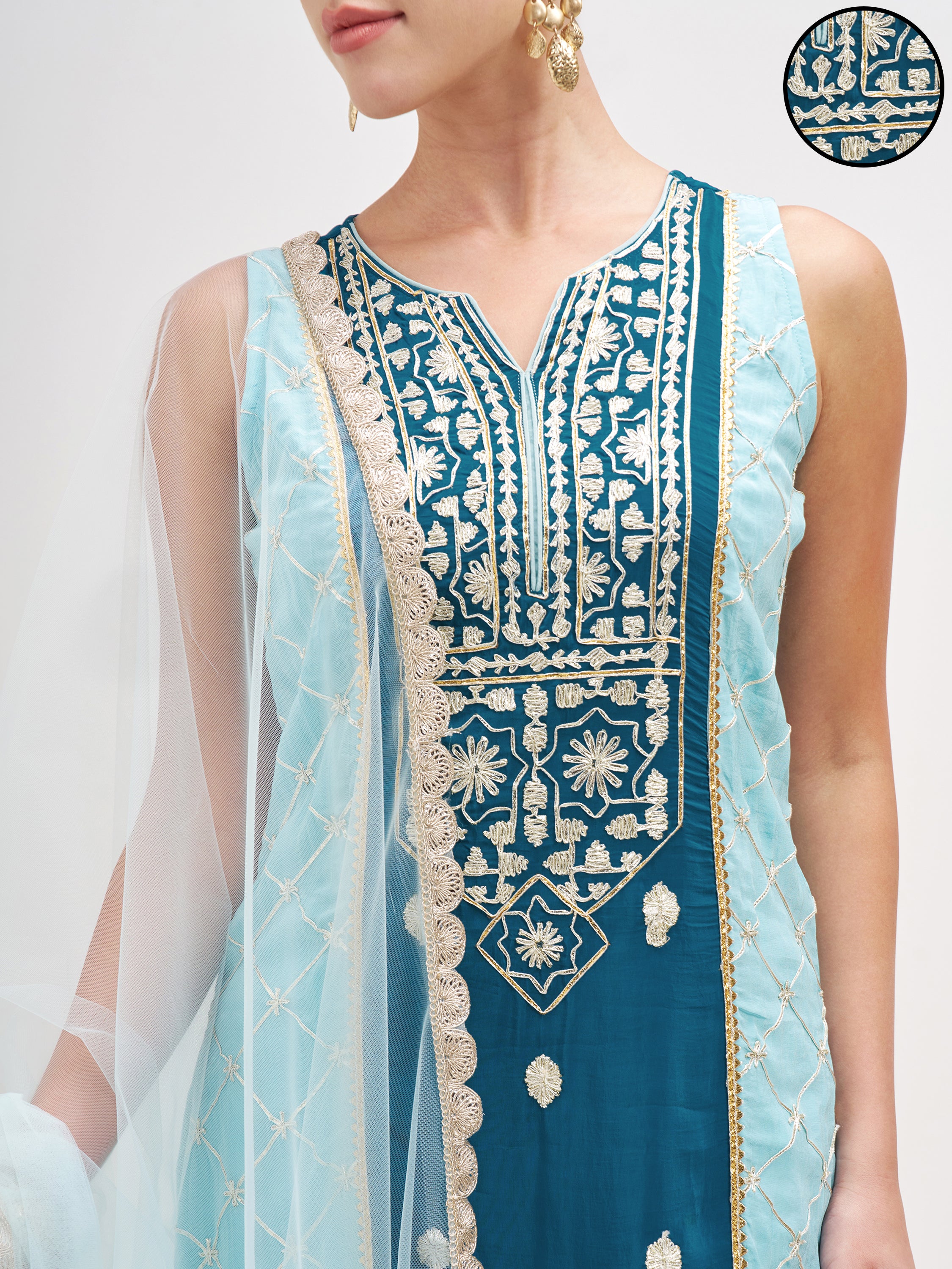 Vishudh Women Teal Embroidered Kurta And Palazzo With Dupatta - Teal - Image 5