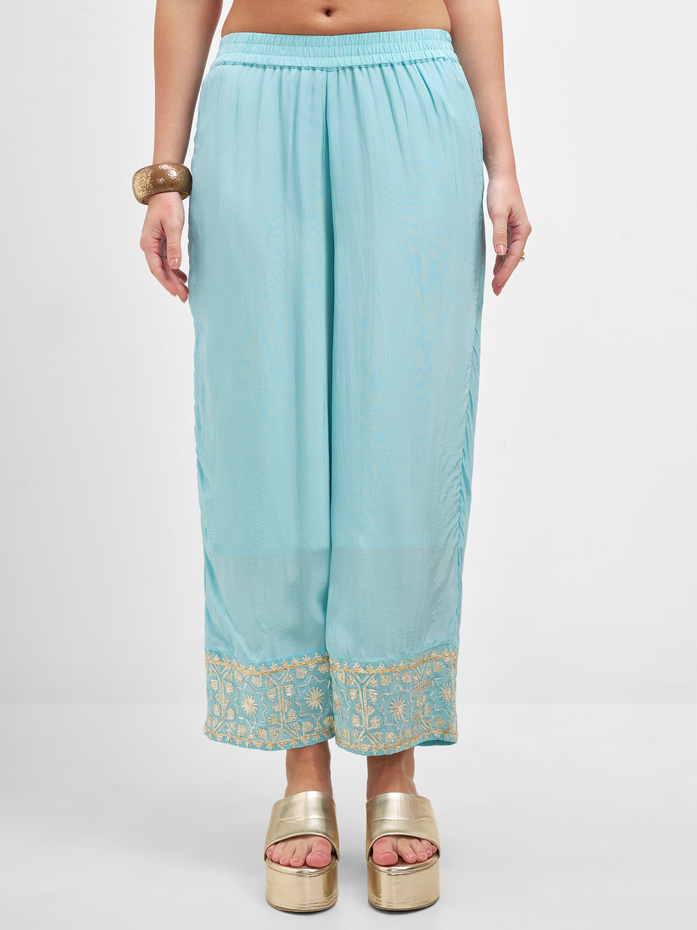 Vishudh Women Teal Embroidered Kurta And Palazzo With Dupatta - Teal - Image 6