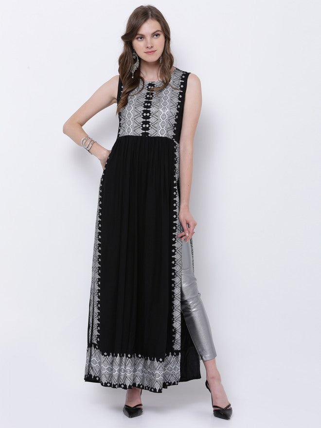 Vishudh Women Black Ethnic Motifs Printed A-Line Kurta - Black - Image 1
