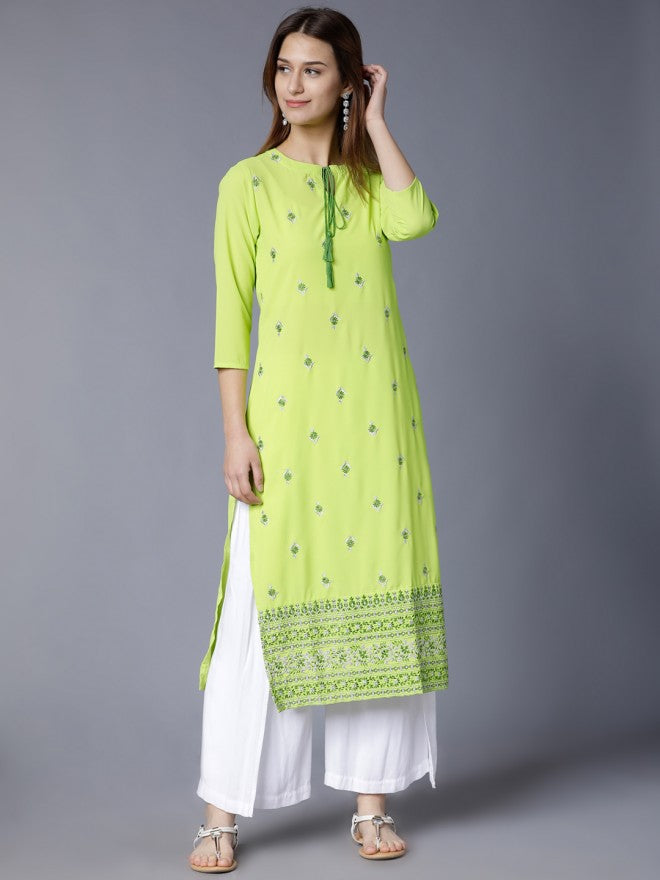 Vishudh Women Lime/Green Floral Printed Straight Kurta - Green - Image 1