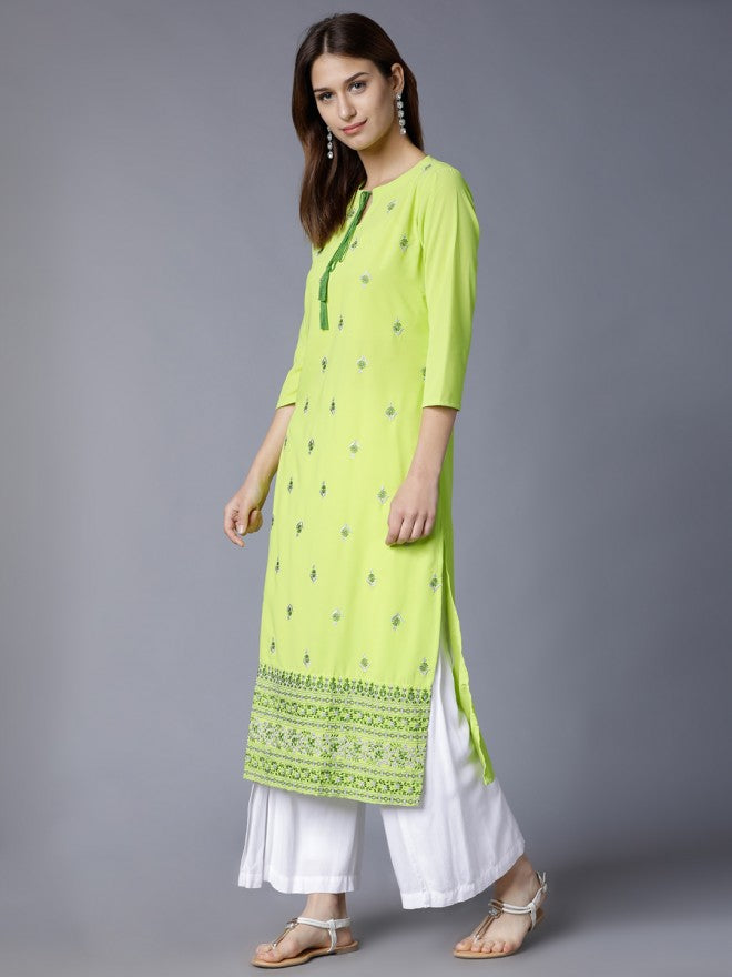 Vishudh Women Lime/Green Floral Printed Straight Kurta - Green - Image 2
