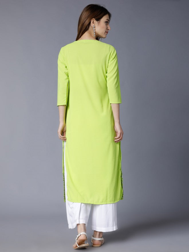 Vishudh Women Lime/Green Floral Printed Straight Kurta - Green - Image 3
