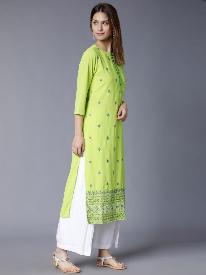 Vishudh Women Lime/Green Floral Printed Straight Kurta - Green - Image 4