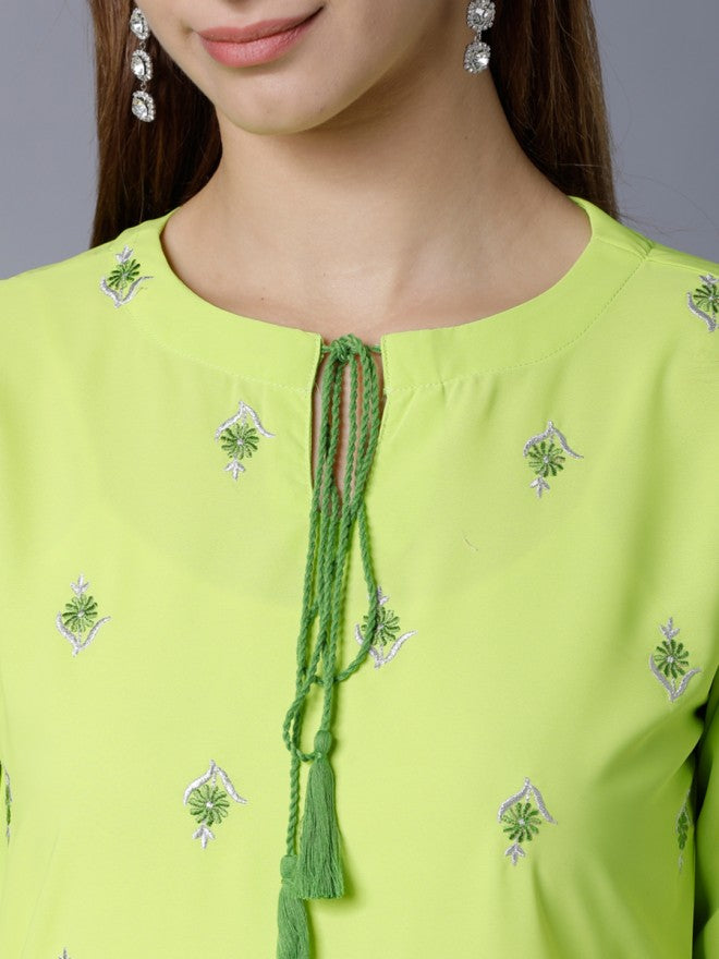 Vishudh Women Lime/Green Floral Printed Straight Kurta - Green - Image 5