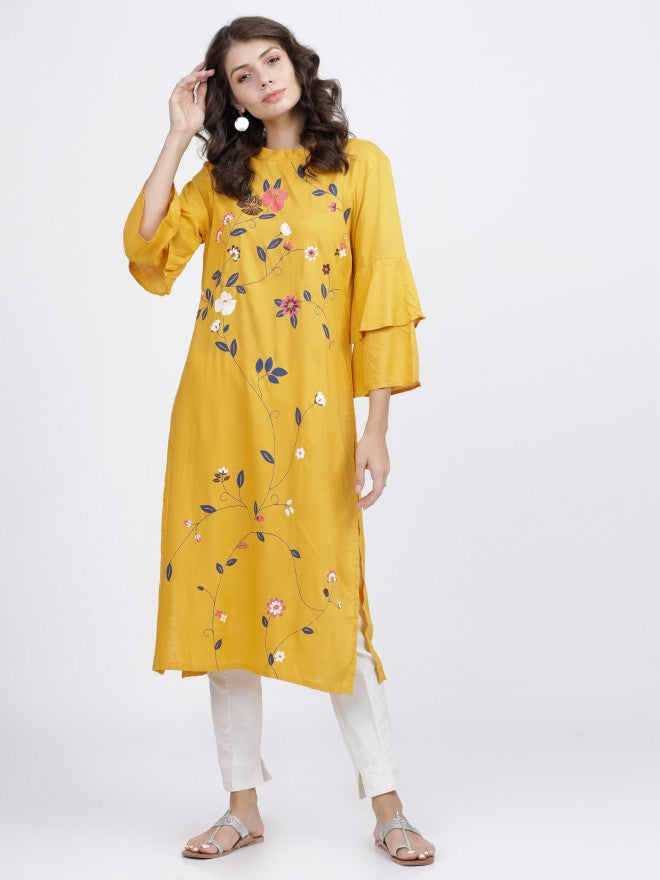 Vishudh Women Mustard Floral Printed Straight Kurta - Mustard - Image 1