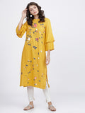 Vishudh Women Mustard Floral Printed Straight Kurta - Mustard - Image 1