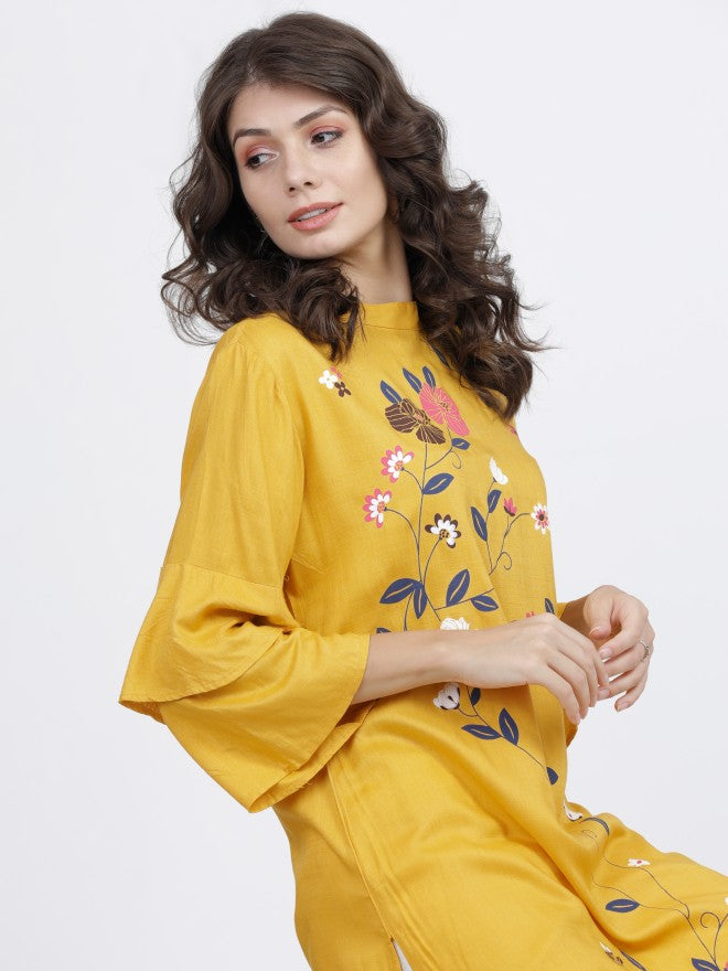 Vishudh Women Mustard Floral Printed Straight Kurta - Mustard - Image 2