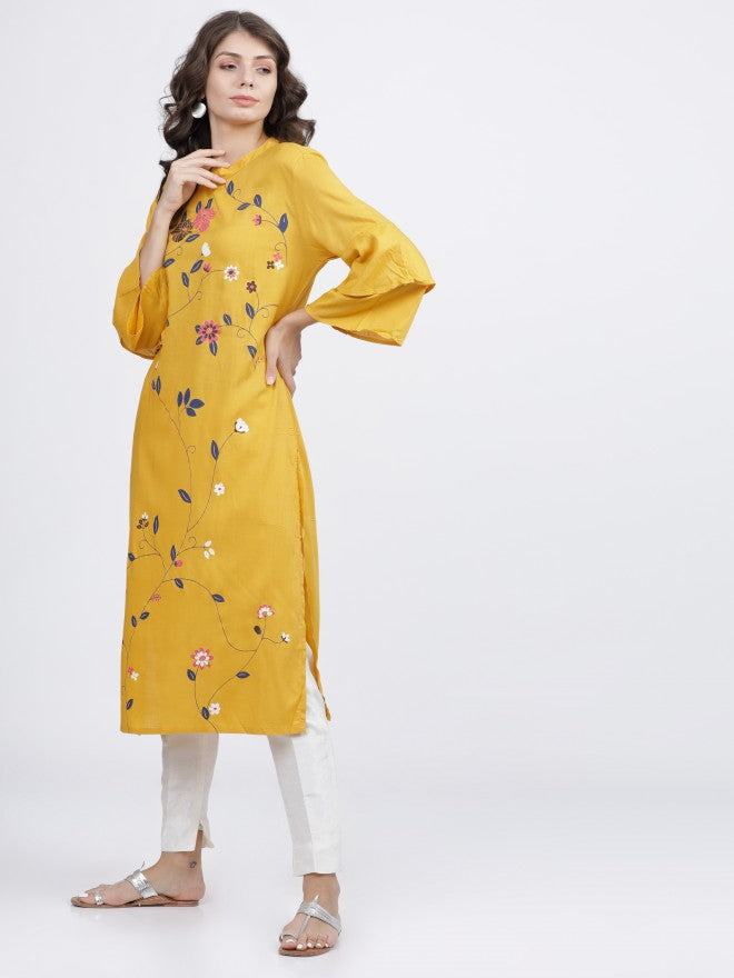 Vishudh Women Mustard Floral Printed Straight Kurta - Mustard - Image 3