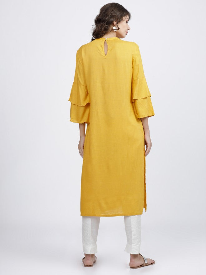 Vishudh Women Mustard Floral Printed Straight Kurta - Mustard - Image 4