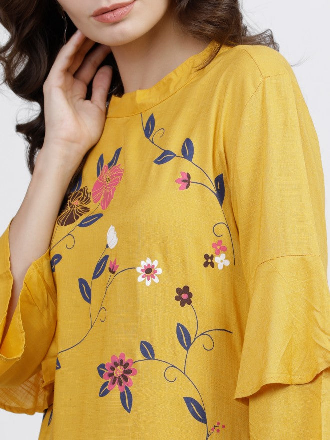 Vishudh Women Mustard Floral Printed Straight Kurta - Mustard - Image 5