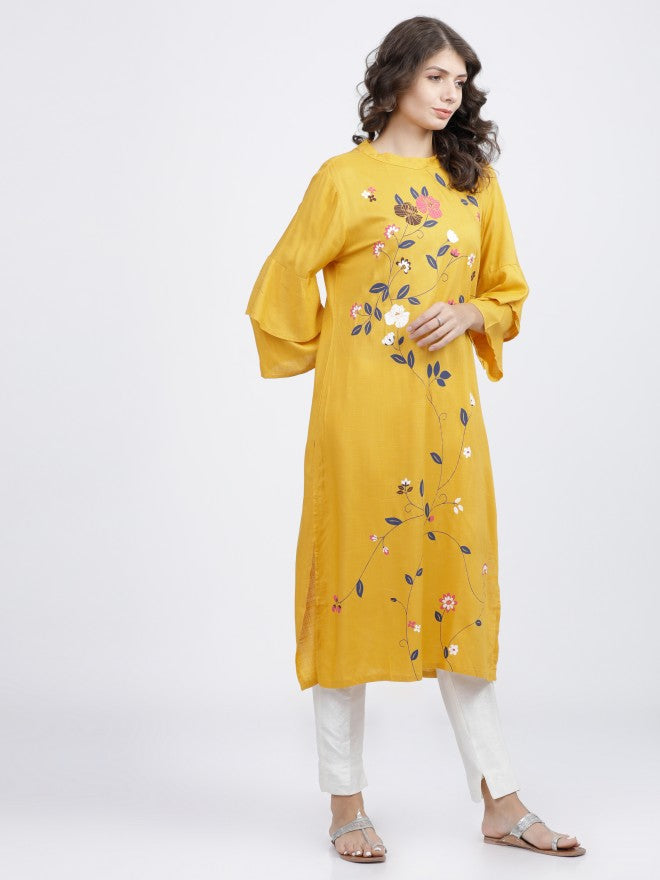 Vishudh Women Mustard Floral Printed Straight Kurta - Mustard - Image 6