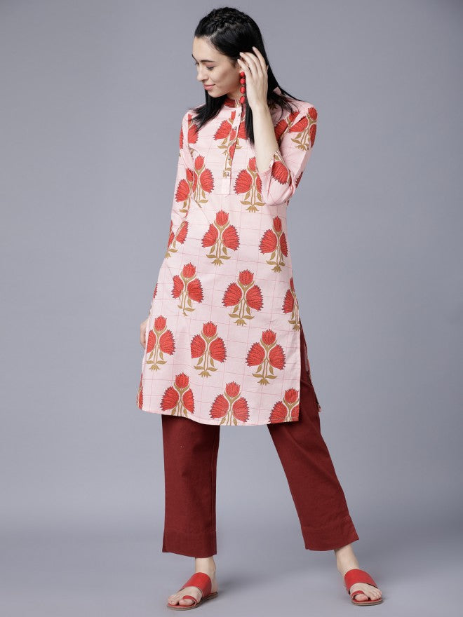 Vishudh Women Coral/Red Floral Printed Straight Kurta - Peach - Image 1