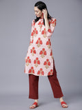 Vishudh Women Coral/Red Floral Printed Straight Kurta - Peach - Image 1