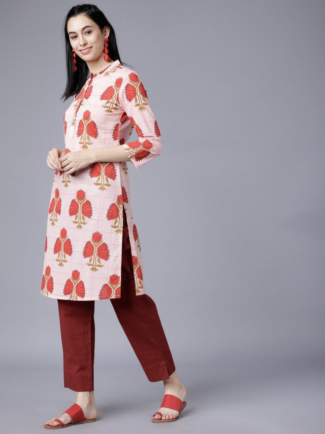 Vishudh Women Coral/Red Floral Printed Straight Kurta - Peach - Image 2