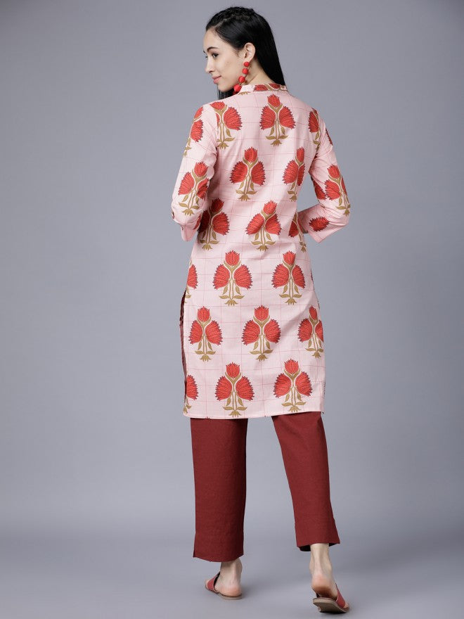 Vishudh Women Coral/Red Floral Printed Straight Kurta - Peach - Image 3