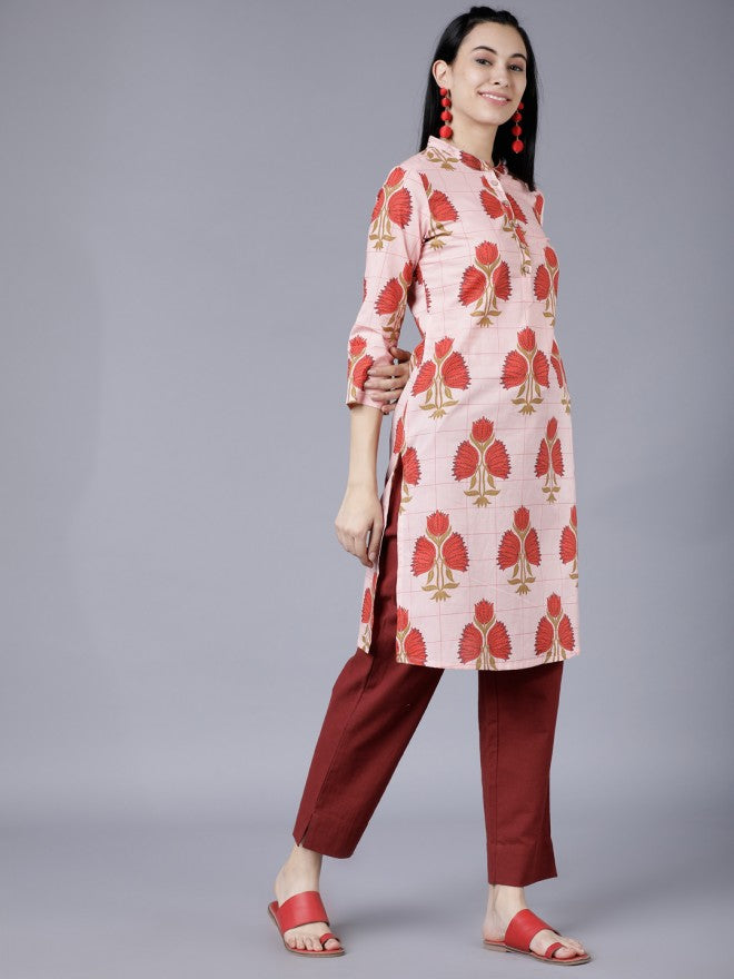 Vishudh Women Coral/Red Floral Printed Straight Kurta - Peach - Image 4