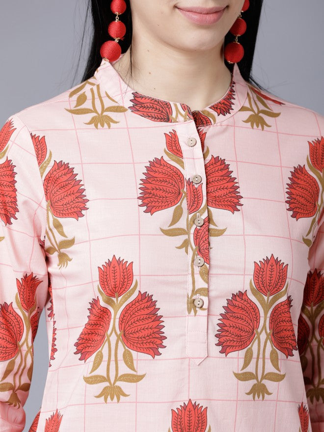 Vishudh Women Coral/Red Floral Printed Straight Kurta - Peach - Image 5