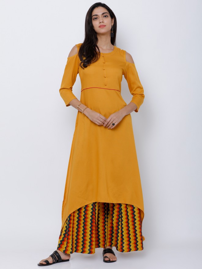 Vishudh Women Mustard Solid Printed A-Line Kurta - Mustard - Image 1